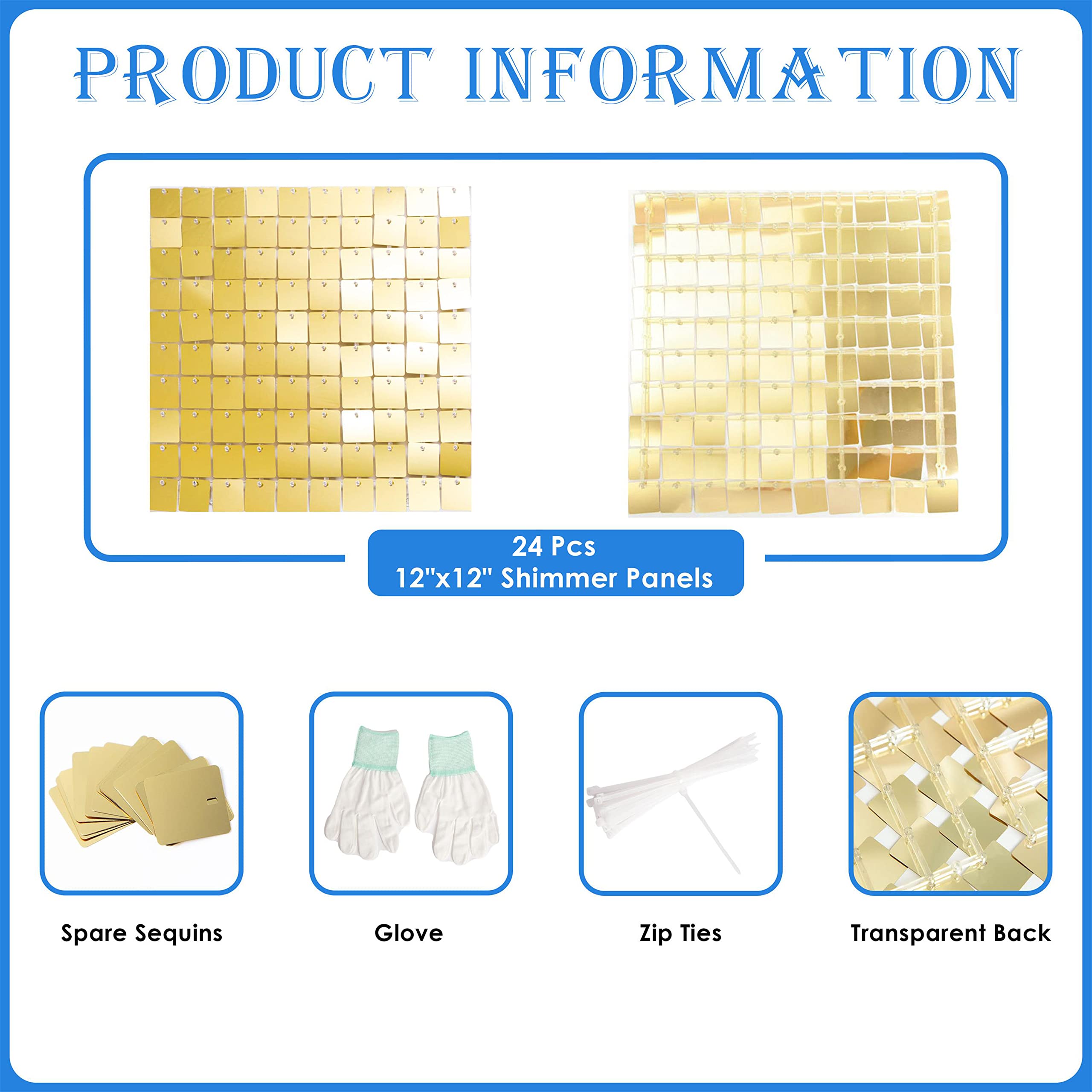 Shimmer Wall Backdrop Light Gold Square Sequin Wall Panel Backdrop Decor For Wedding, Anniversary, Birthday, Party, 24 Panels