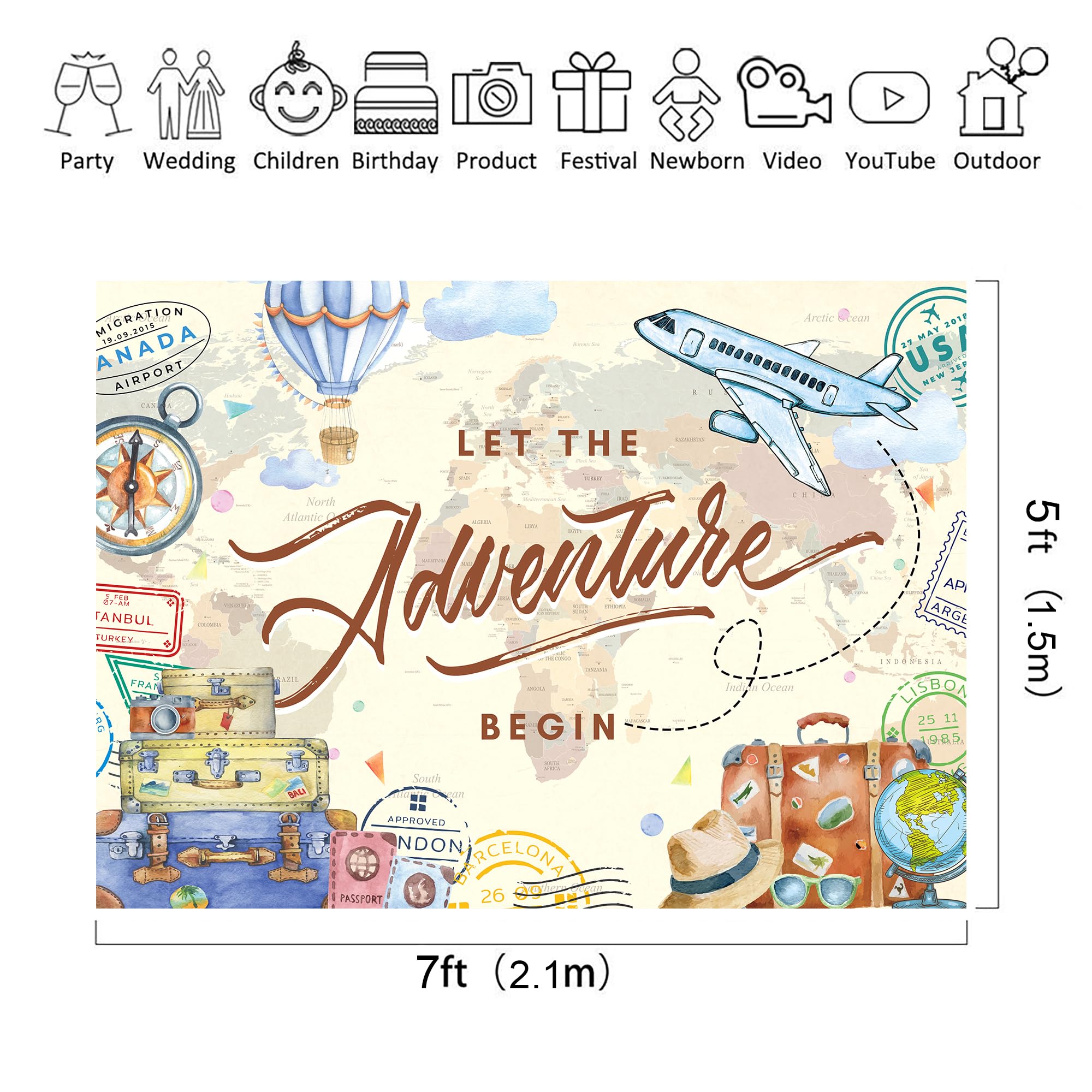 Riyidecor Let The Adventure Begin Backdrop World Map Adventure Awaits Airplane Baby Shower Decorations 7Wx5H Feet Travel Hot Air