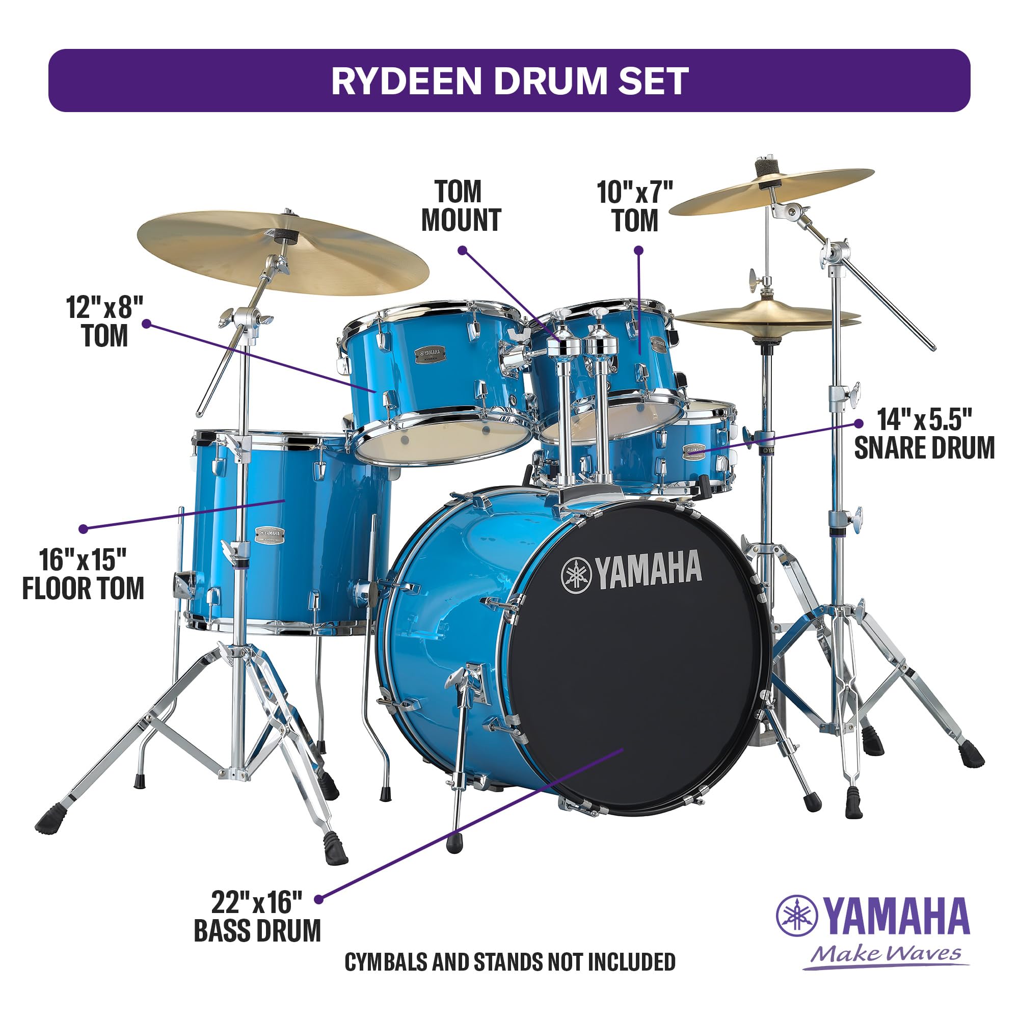 Yamaha Rydeen 5-Piece Drum Set With 22 Bass Drum, Floor Tom, 2 Toms With Ball Clamp And Wood Snare Drum, Sky Blue
