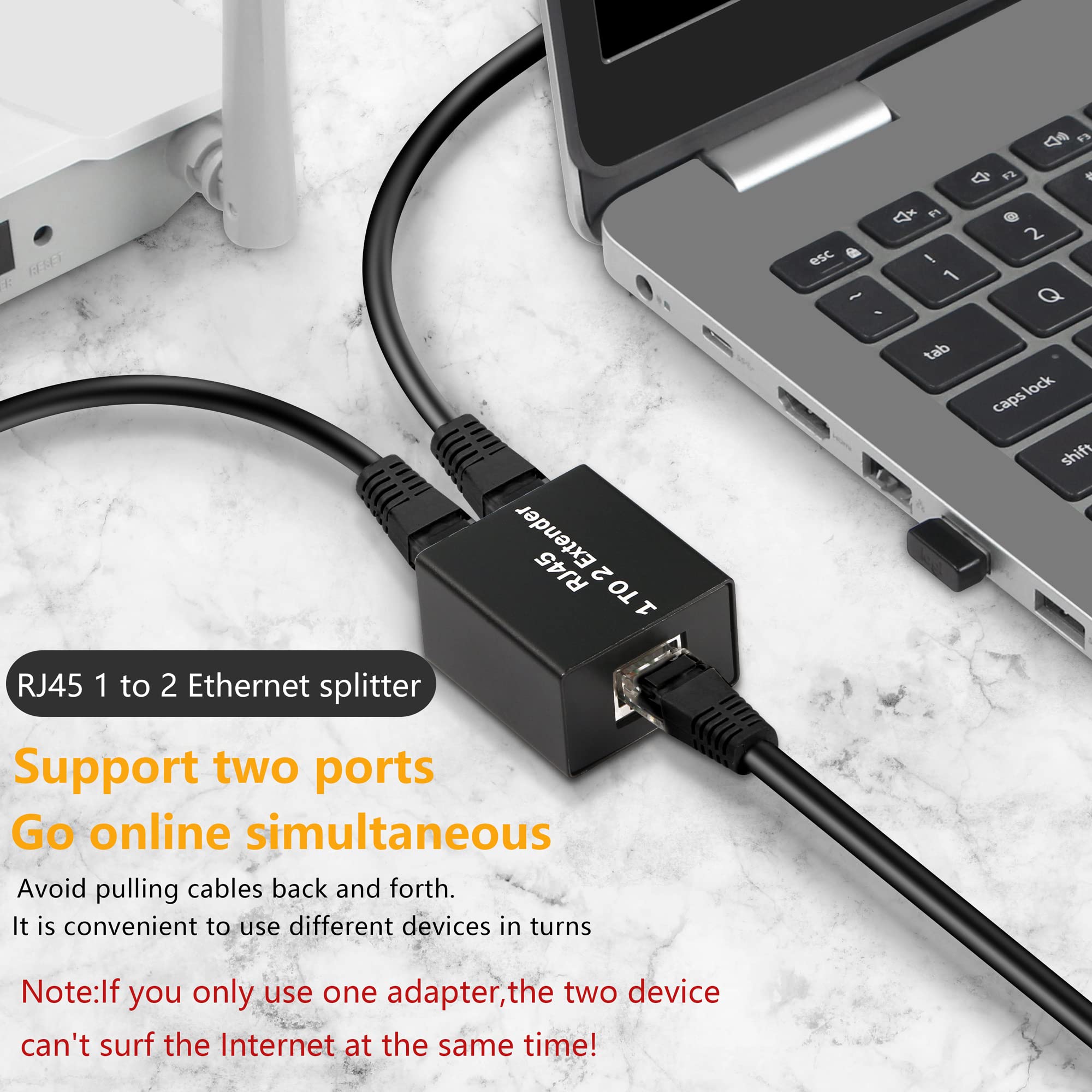 GELRHONR RJ45 Ethernet Splitter Adapter - 1 to 2 Network Adapter for Cat5e/Cat6/Cat8, Black, Simultaneous Internet for 2 Devices