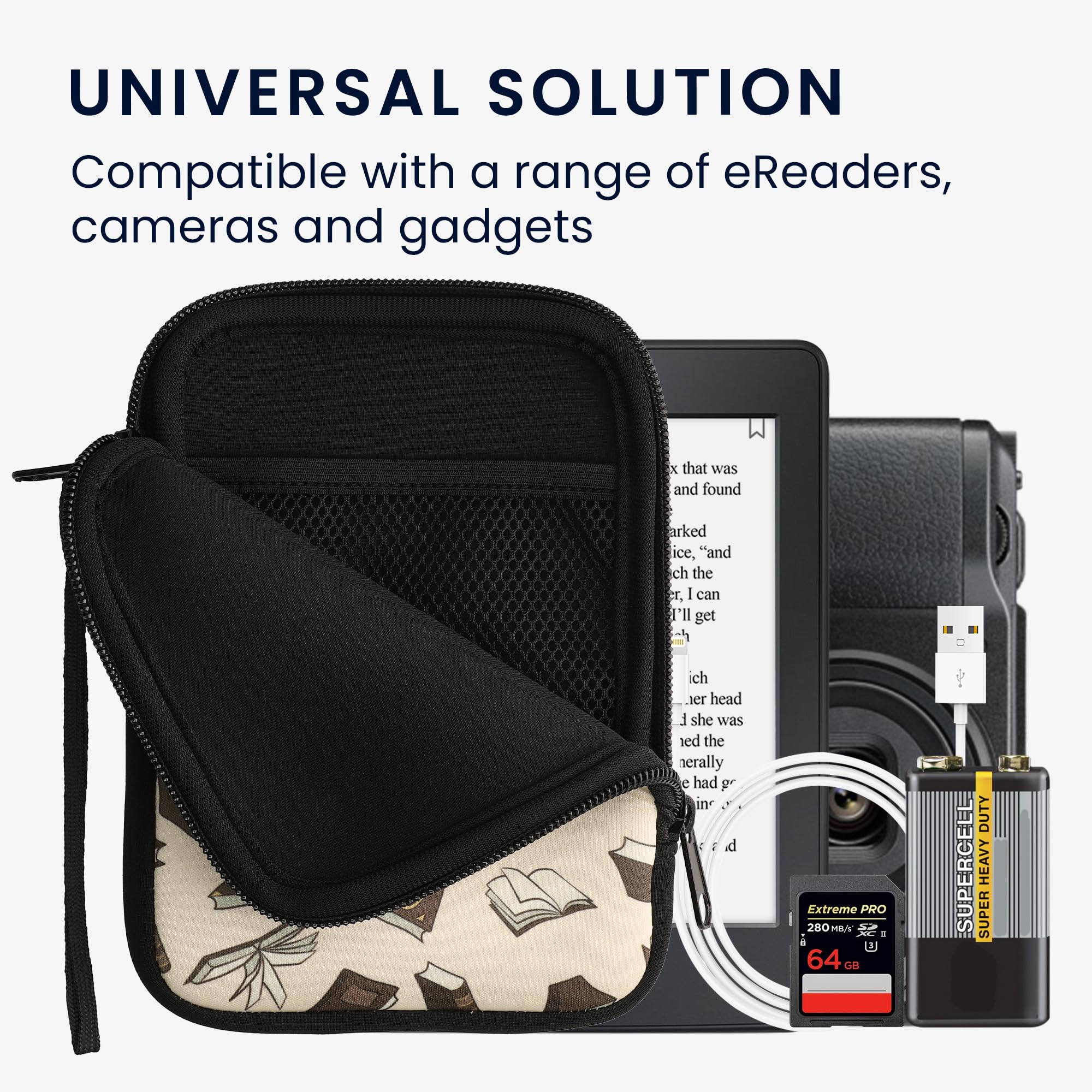 Kwmobile Neoprene E Reader Pouch Size 6'' Ereader   Universal Ebook Sleeve Case With Zipper, Wrist Strap   Beige/Brown/Gold