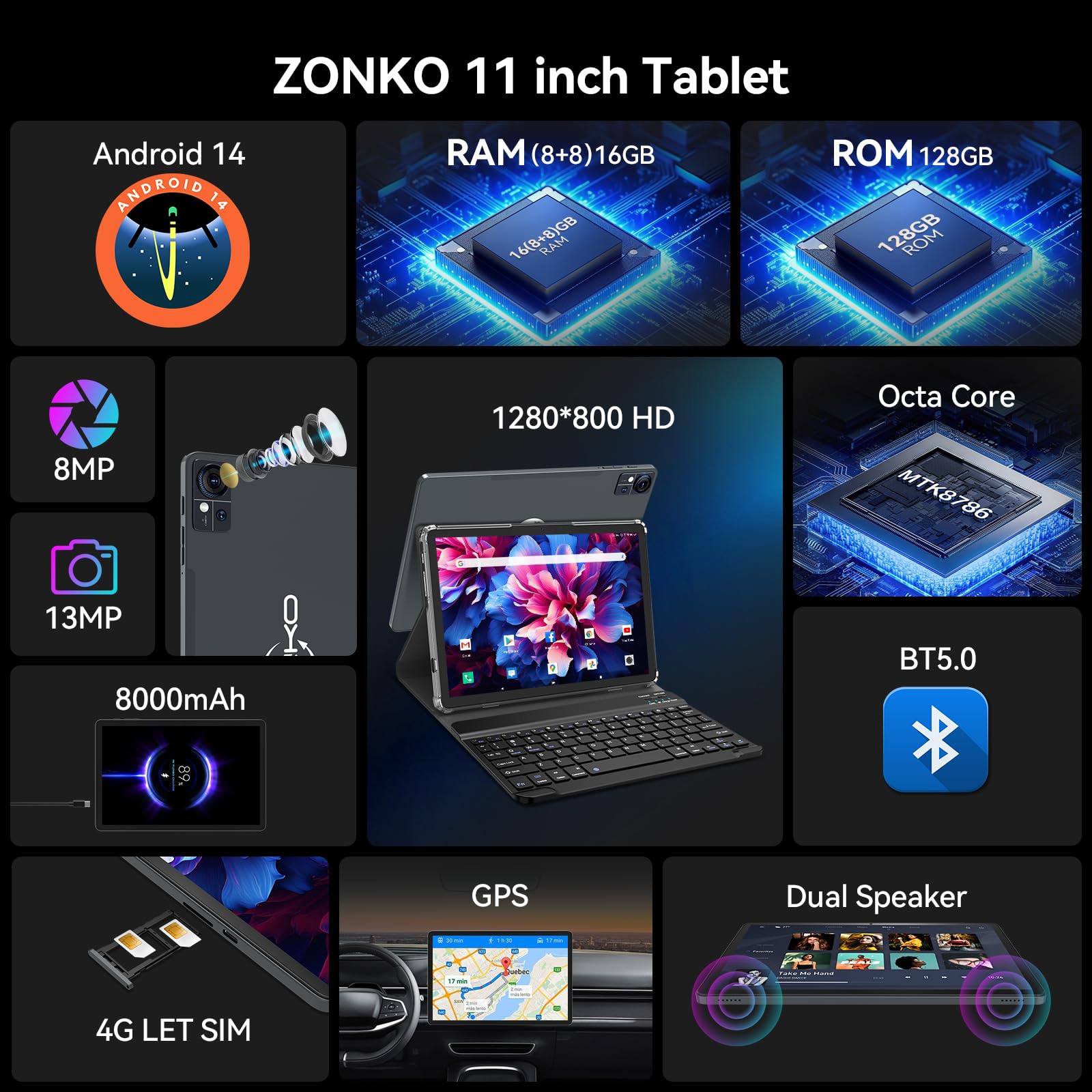 2025 Release 11 Inch Tablet, Android 14 Tablets With Keyboard, 16(8+8)Gb Ram 128Gb Rom 1Tb Expand, 2.4G/5G Wifi Tablet With Bt 5