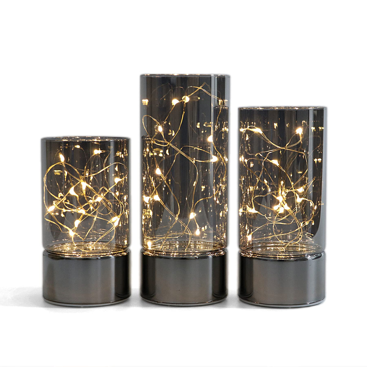 Rhytsing Set Of 3 Glass Cylinder Lanterns With Fairy Lights, Decorative Table Lamp Battery Flameless Candle With Timer Function