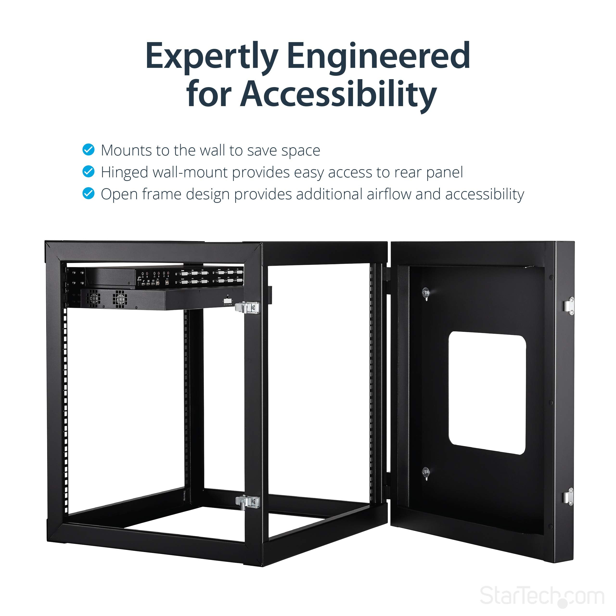 Startech.Com 4 Post 8U Hinged Wall Mount Network Rack, 19'' Open Frame Server Rack With 19.8In Mounting Depth, Wall Mount Swing
