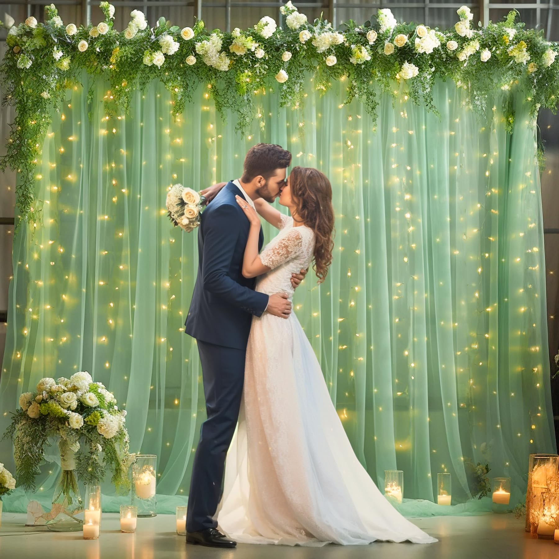 10  10Ft Green Tulle Backdrop Curtain With Lights String For Parties, Sheer Curtain Backdrop Drapes For Wedding Party Home Decor