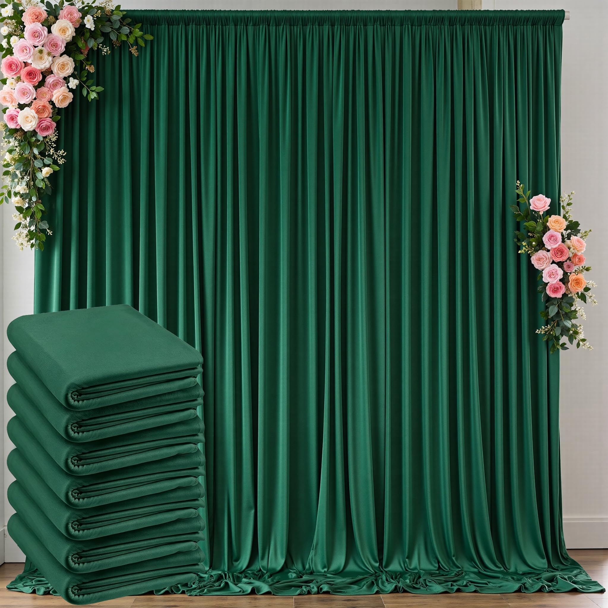 30 ft x 10 ft Wrinkle Free Hunter Green Backdrop Curtain for Parties, Polyester Dark Green Photo Backdrop Drapes 6 Panels 5x10ft
