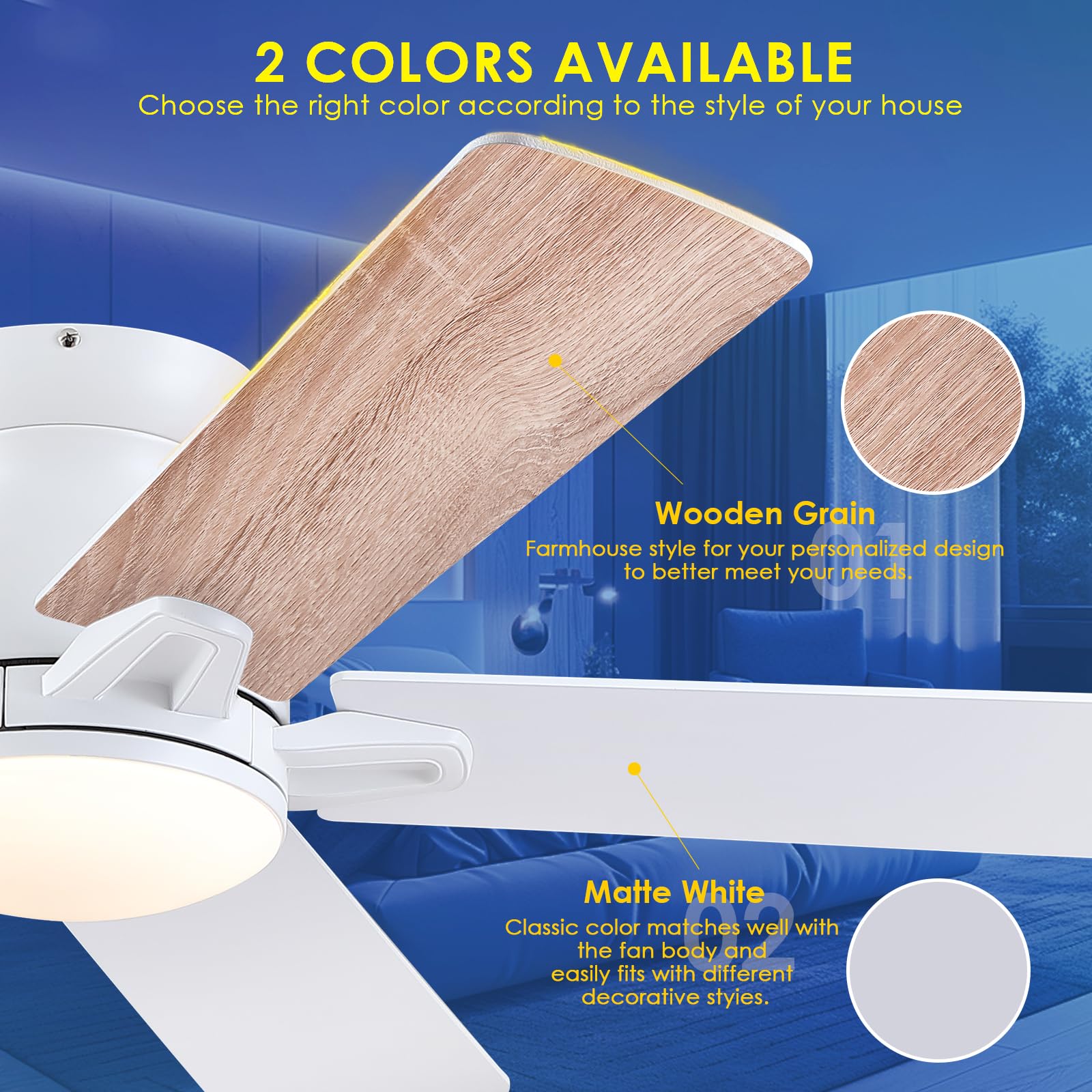 Chesur 56'' White Outdoor Ceiling Fans With Lights   Flush Mount Ceiling Fan Light With 5 Dual Sided Blades And 6 Speeds Reversi