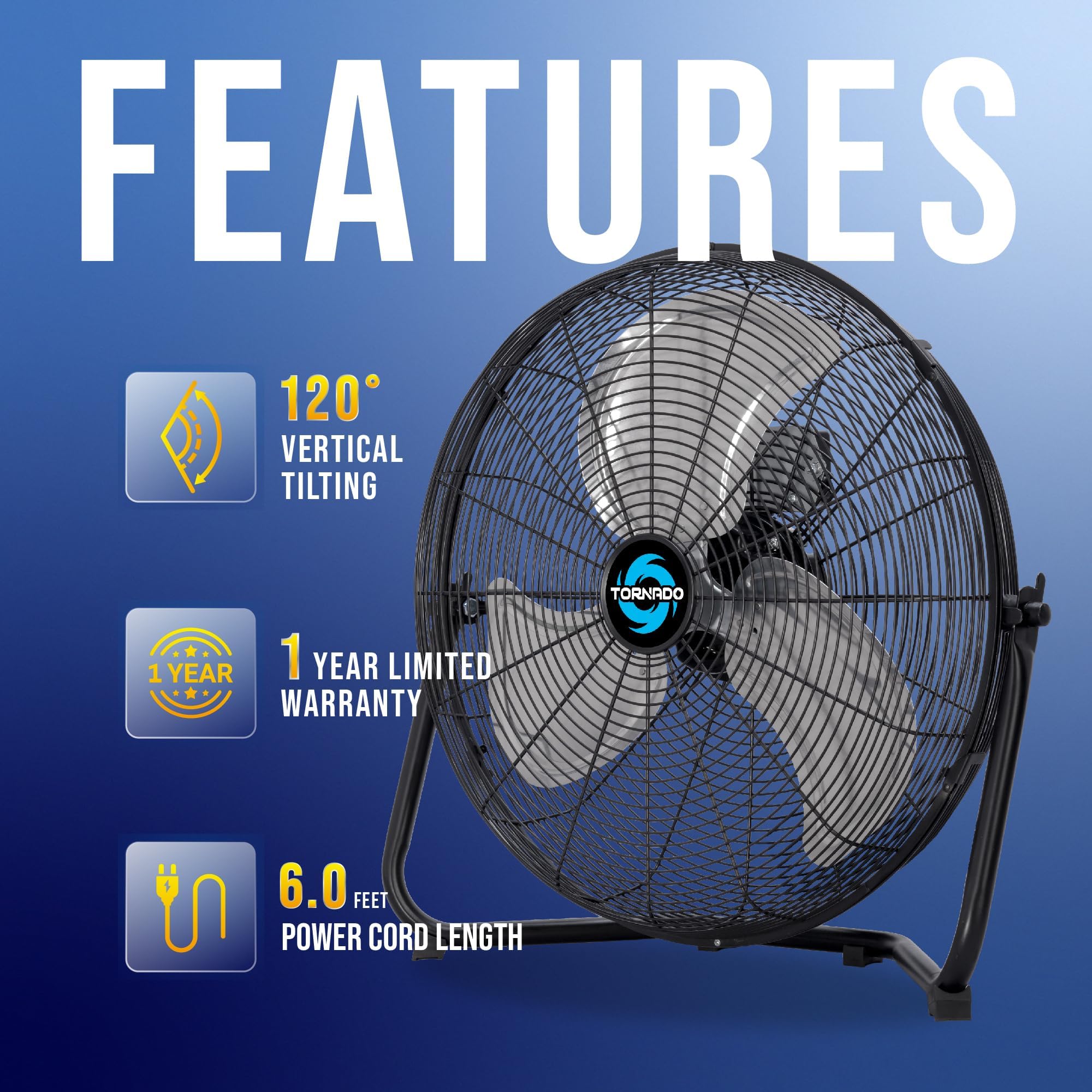 Tornado 18 Inch High Velocity Metal Floor Fan, 3 Speed Powerful Cooling For Industrial, Commercial, And Home Spaces, 120Tilt, 6.