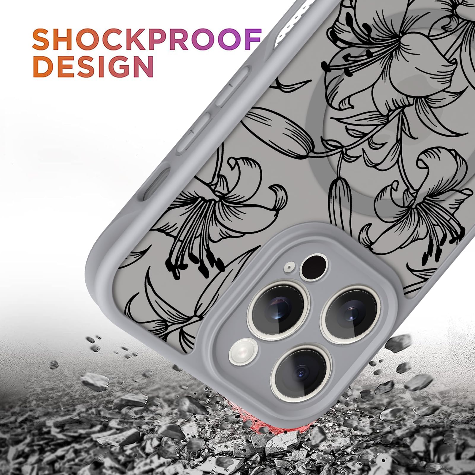 Ook Magnetic For Iphone 14 Pro Max Case Grey Flower Lily Pattern [Compatible With Magsafe] Slim Translucent Matte Camera Lens Pr