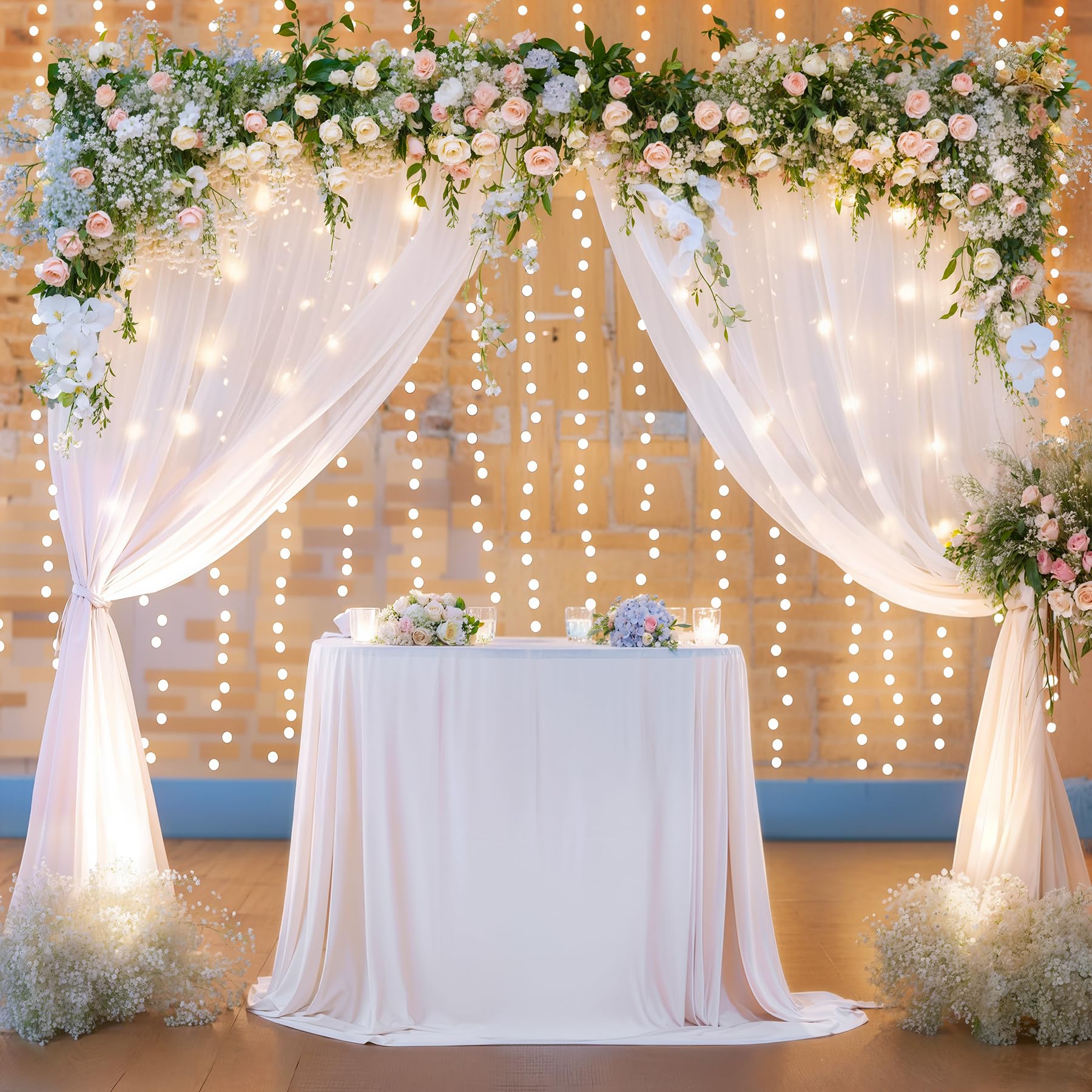 10X10Ft White Backdrop Curtains With Lights String For Wedding Parties, Wrinkle Free Curtains Backdrop For Birthday Party, Photo
