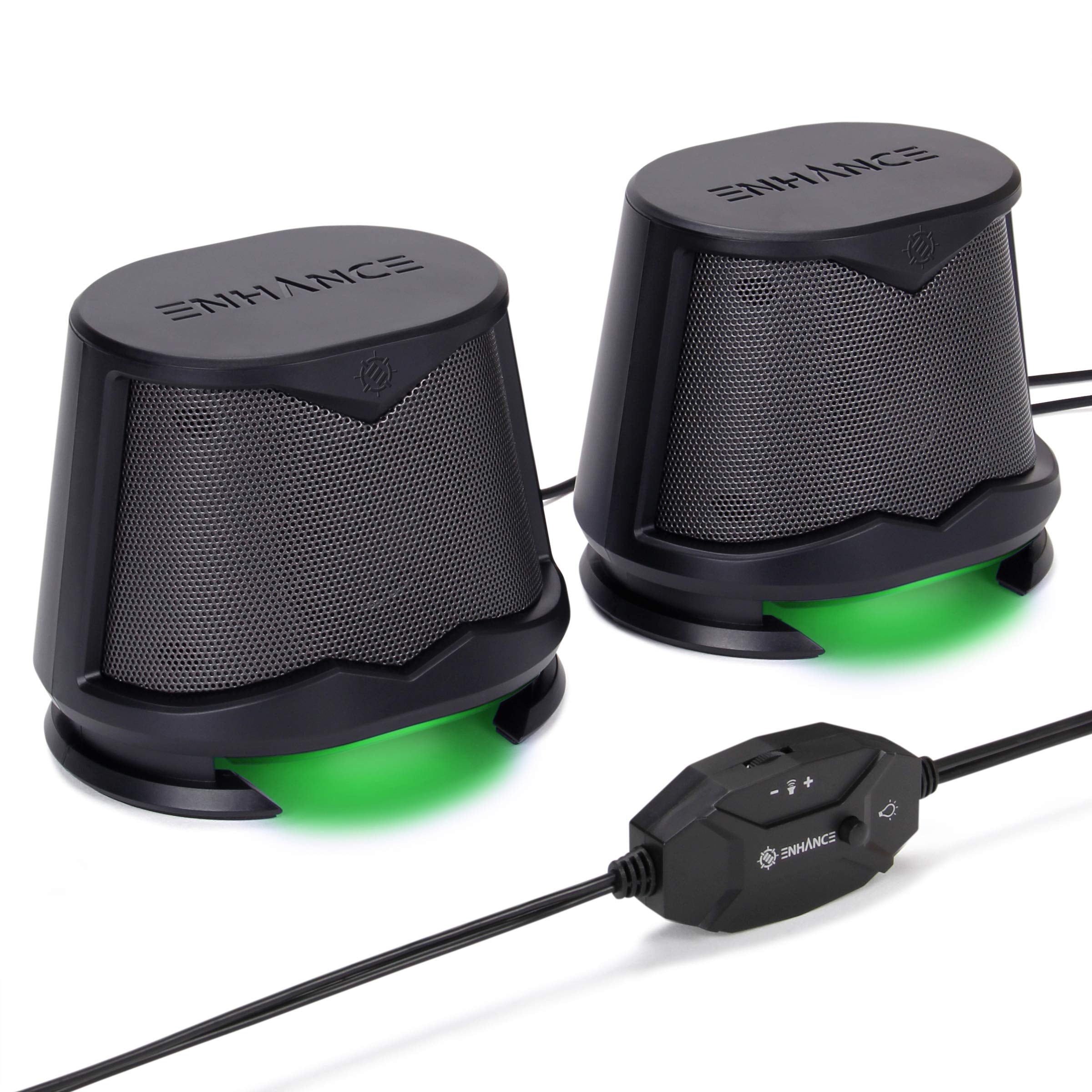 ENHANCE SB2 USB Computer Speakers, 2.0 Stereo with Green LED Lighting, 10W Peak High Excursion Drivers, 3.5 mm Aux, in Line Volu