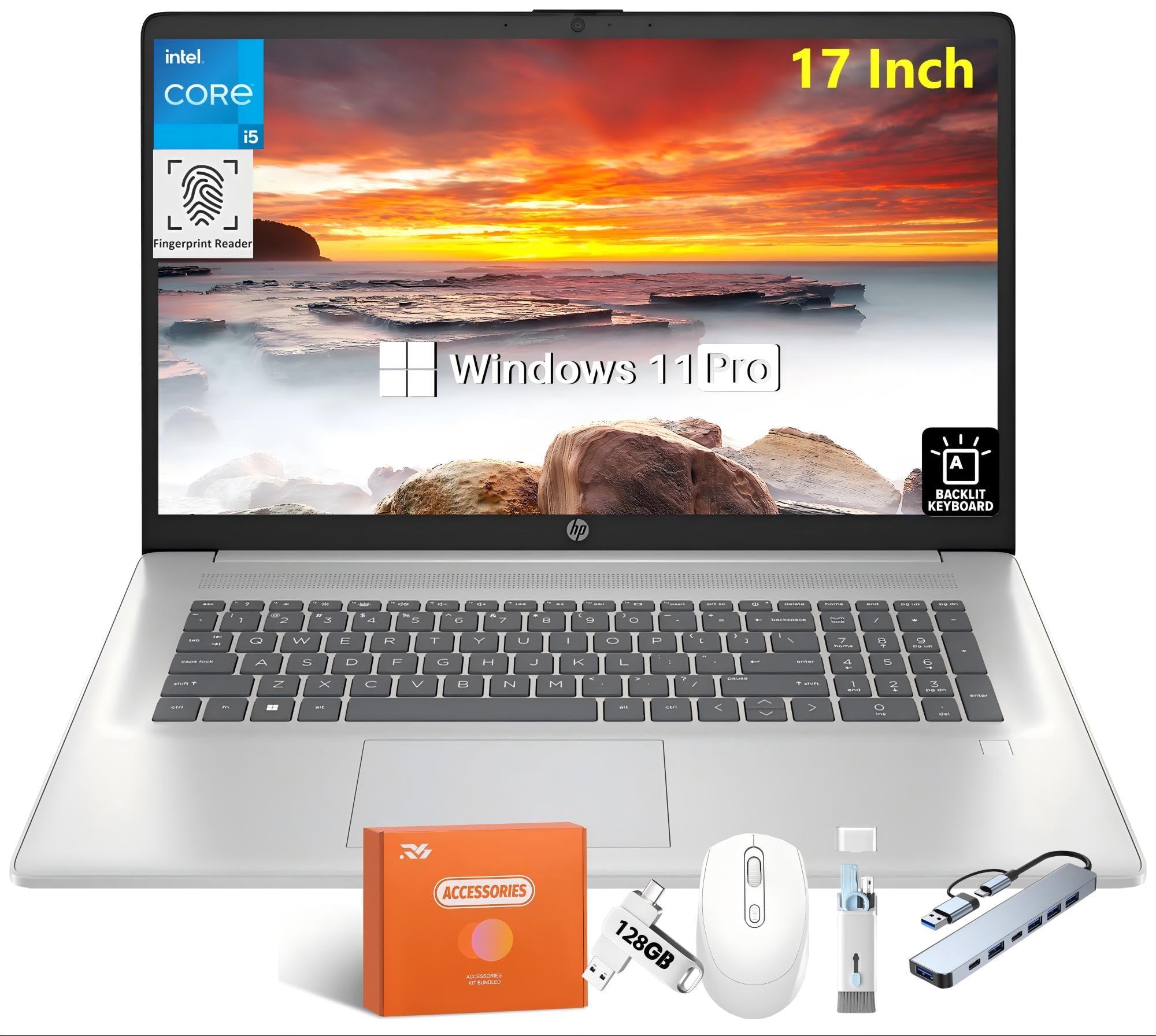 HP High-Performance 17 Business Laptop, 17.3 HD+ Display, Intel 10-Core i5-1334U, 64 GB RAM, 2 TB SSD, Backlit Keyboard, Fingerp