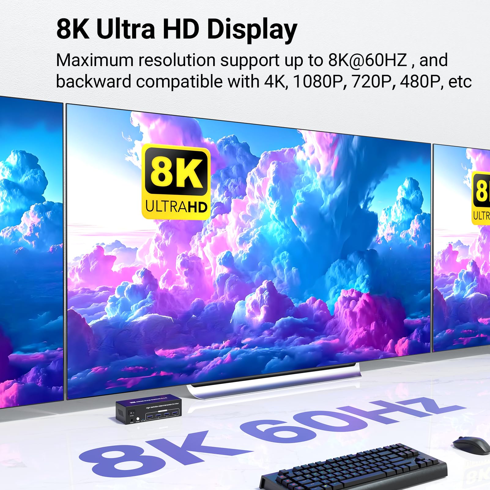 8K/60Hz Usb 3.0 Three Monitor Hdmi Kvm Switch, 4K120Hz Hdmi Kvm Switcher 3 Monitors 2 Computers For 2 Pc Share 3 Monitors And 1