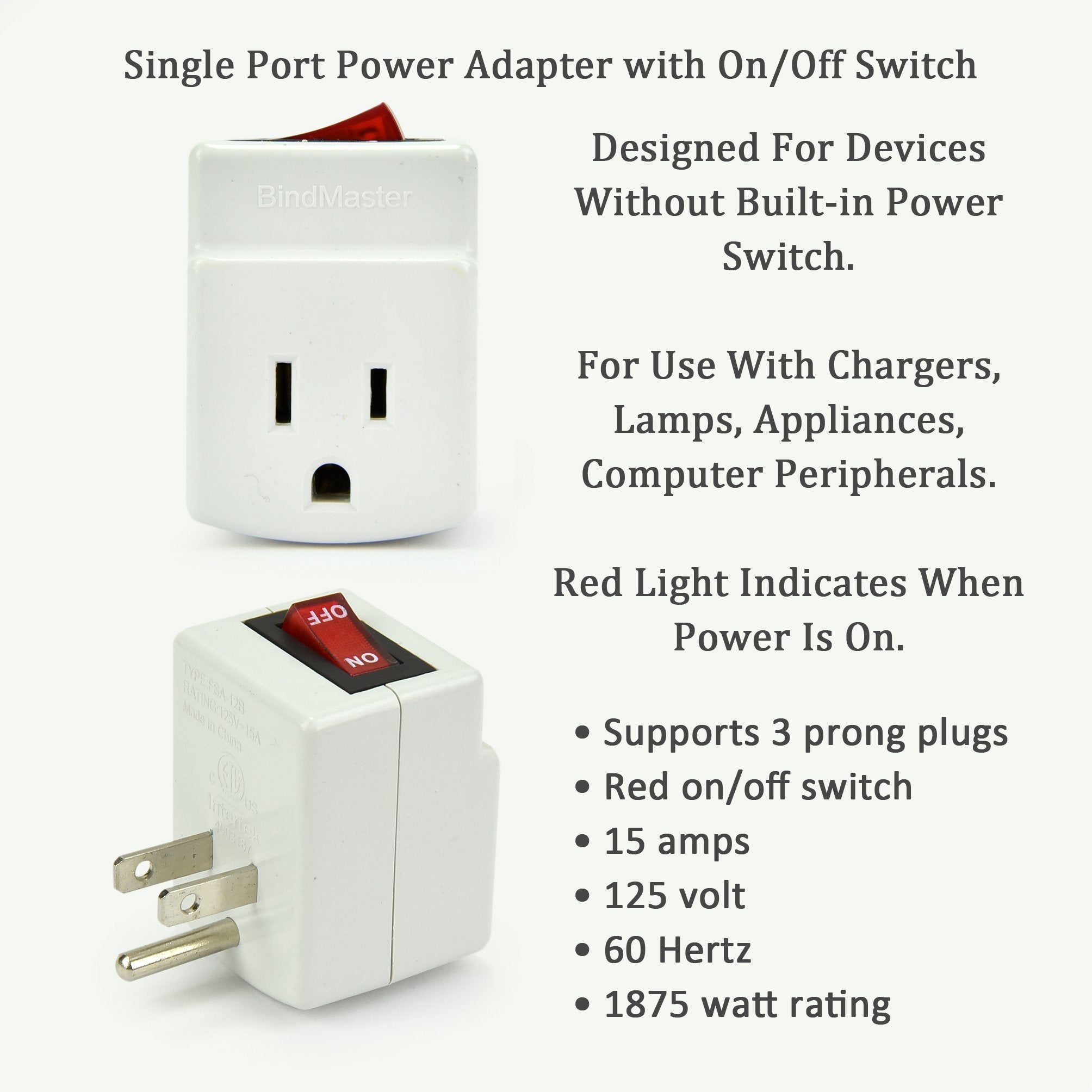 3 Prong Grounded Single Port Power Adapter For Outlet With Indicator Lighted On/Off Switch To Be Energy Saving (1 Pack)