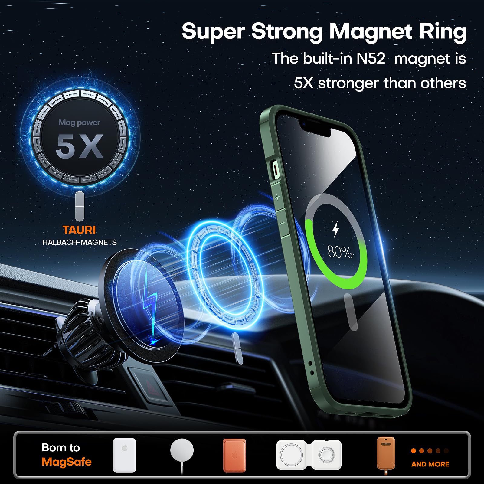 Tauri 5 In 1 Magnetic For Iphone 13 Pro Max Case Green, [Designed For Magsafe] With 2X Screen Protectors, [Not Yellowing] Shockp