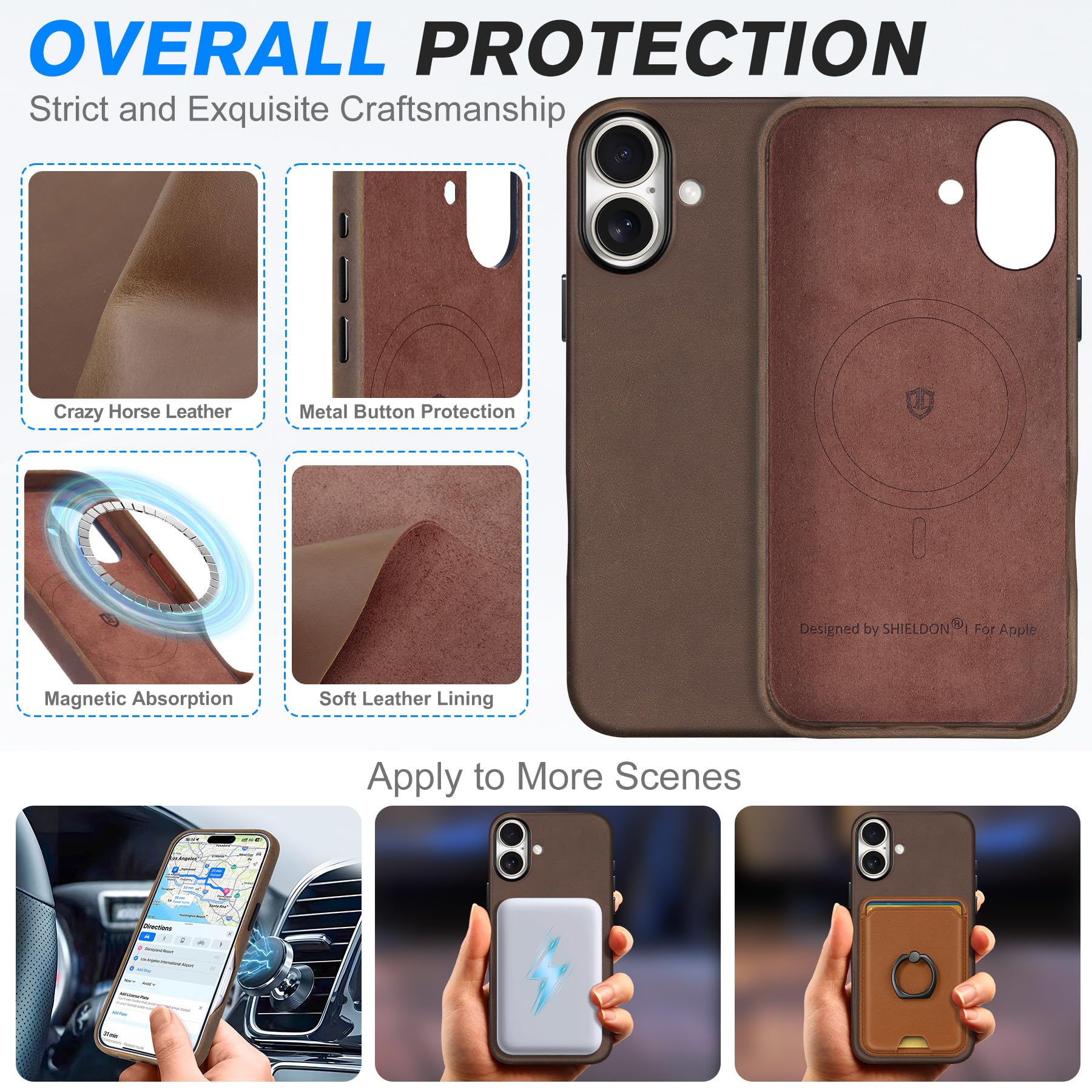 Shieldon Case For Iphone 16 Plus 5G, Top Grain Crazy Horse Leather Magnetic Wireless Charging Anti-Scratch Non-Slip Shockproof C