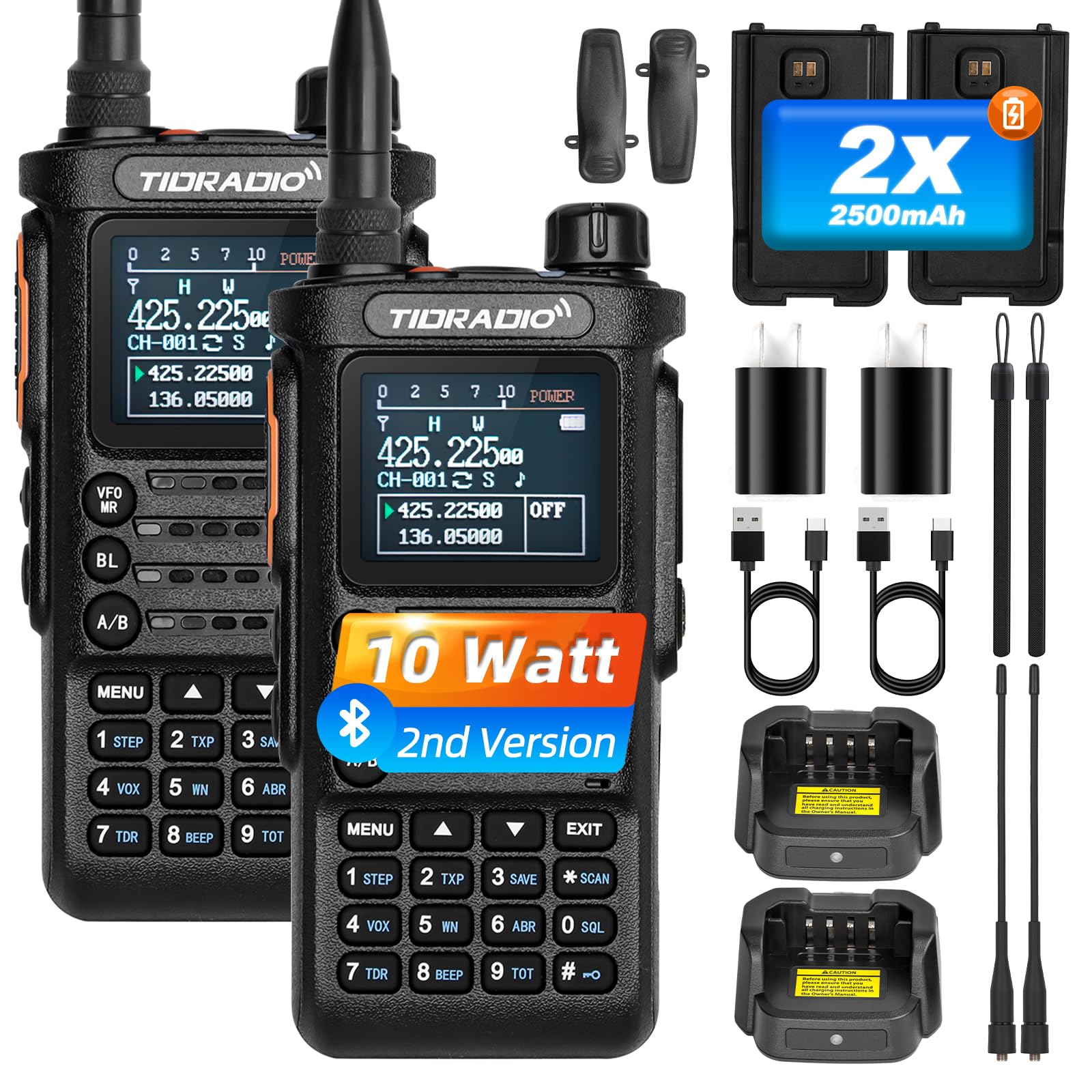 (2Nd Gen) Tidradio Td H8 10 Watt Highpower Ham Radio Handheld, Wireless Programming, Rechargeable 2500Mah Type C Battery,1.77'' 