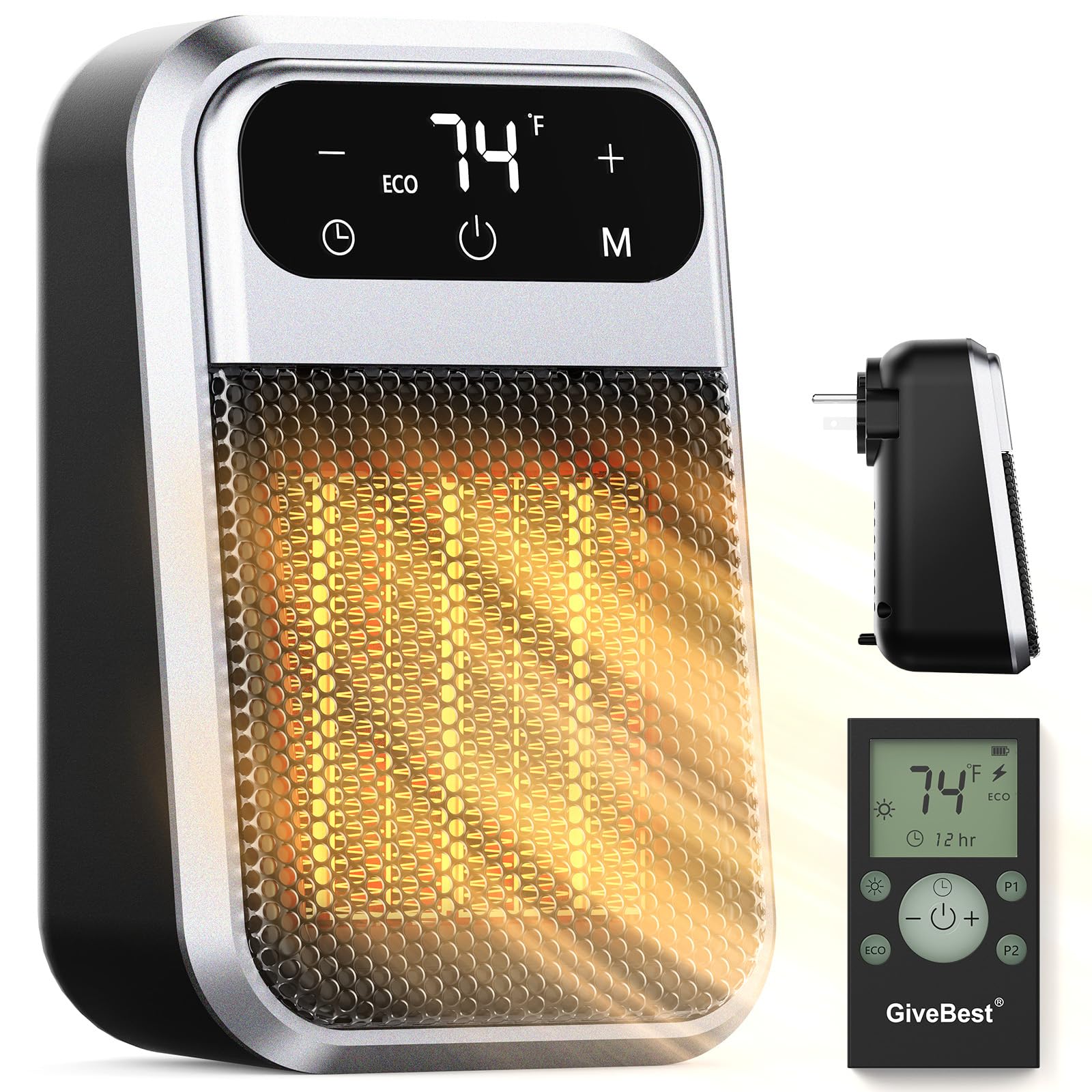 Givebest 800W Wall Outlet Space Heater With Remote,Led Display Small Plug In Electric Heater With Adjustable Thermostat And Time