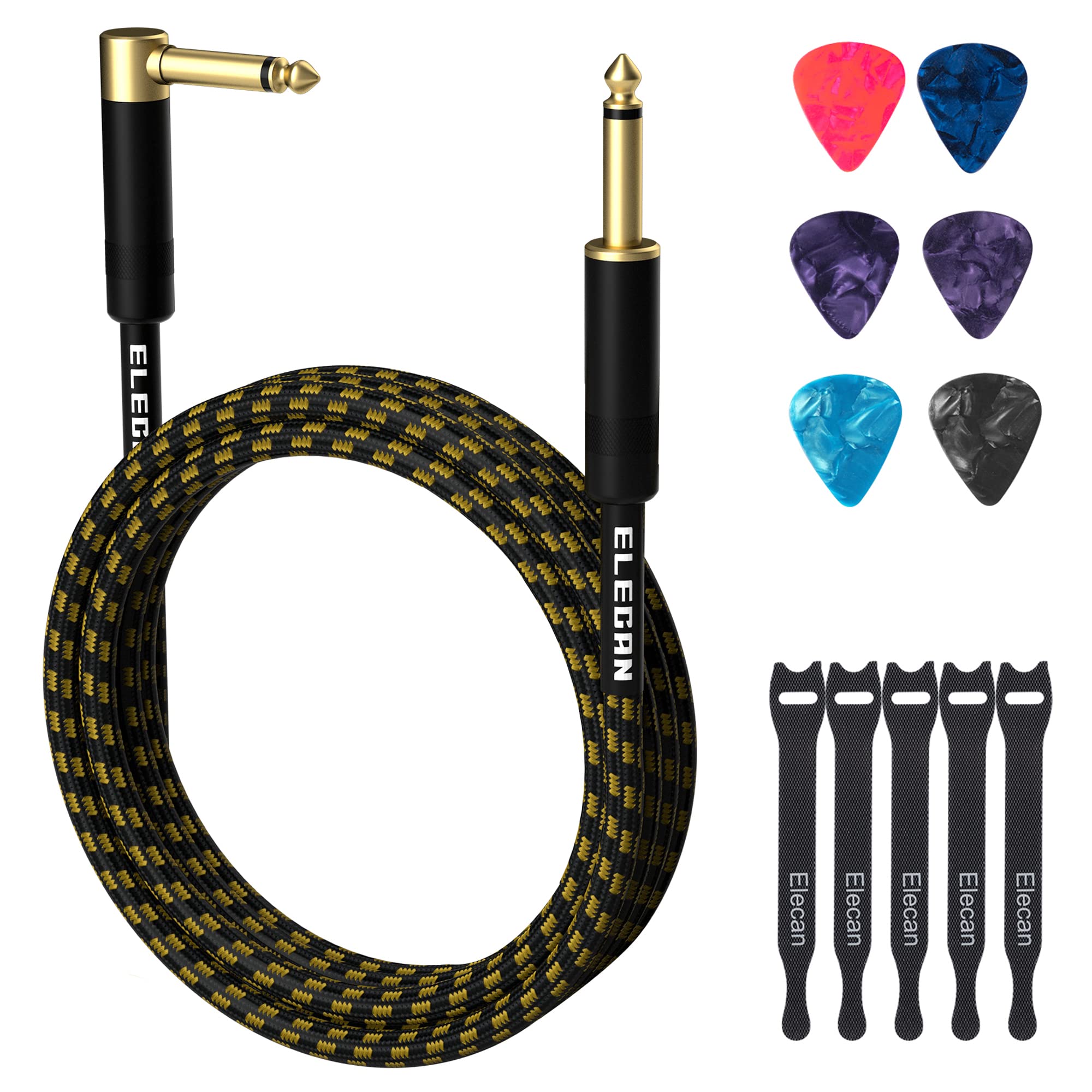 Guitar Cable 20 Feet  Right Angle To Straight Instrument Cable Gold Plated Nylon Braided 90 Degree 1/4 Inch Ts Professional Elec