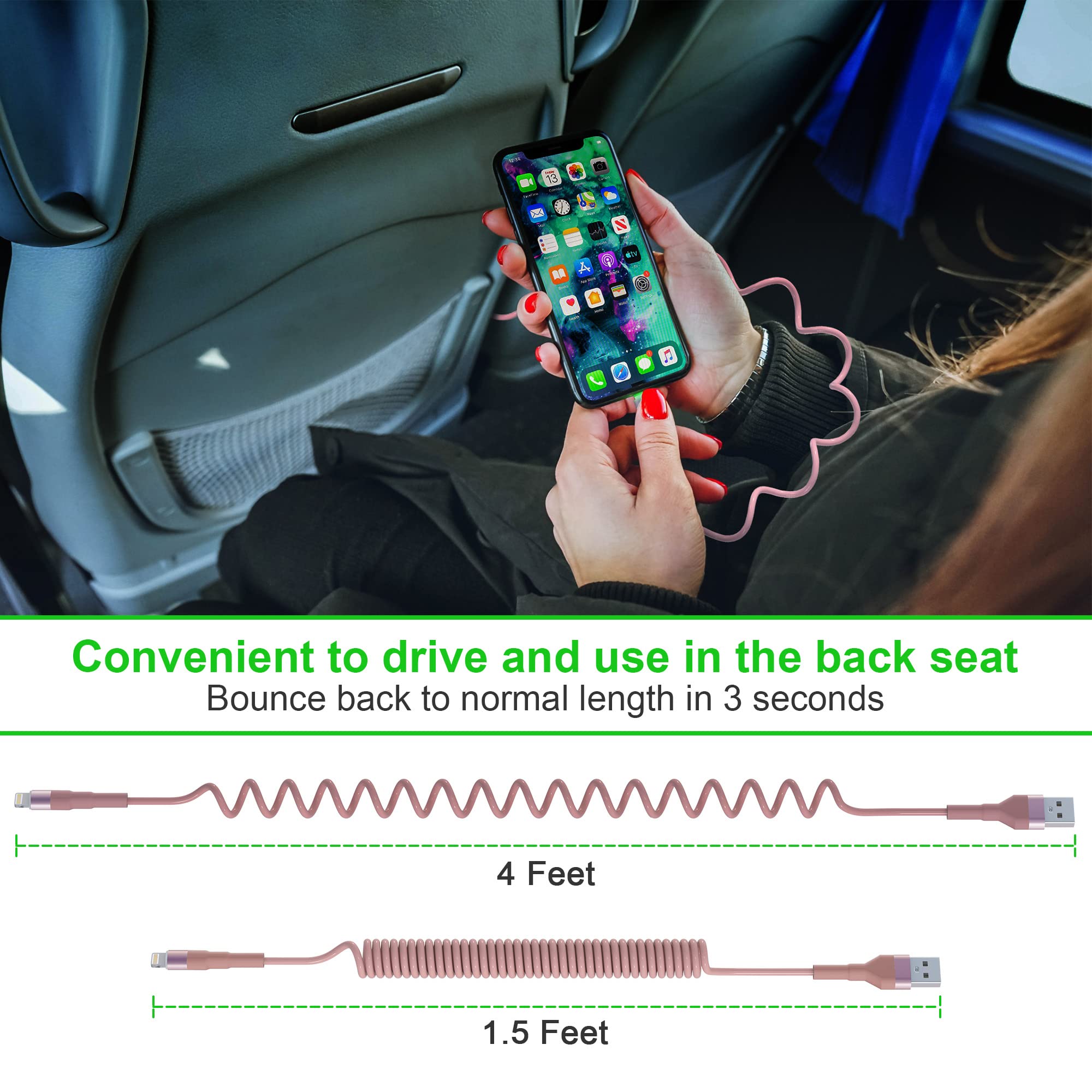 Coiled Iphone Lightning Cable [Mfi Certified], Apple Carplay Cable With Data Sync, Short Coiled Iphone Charger Cable For Car, Pink
