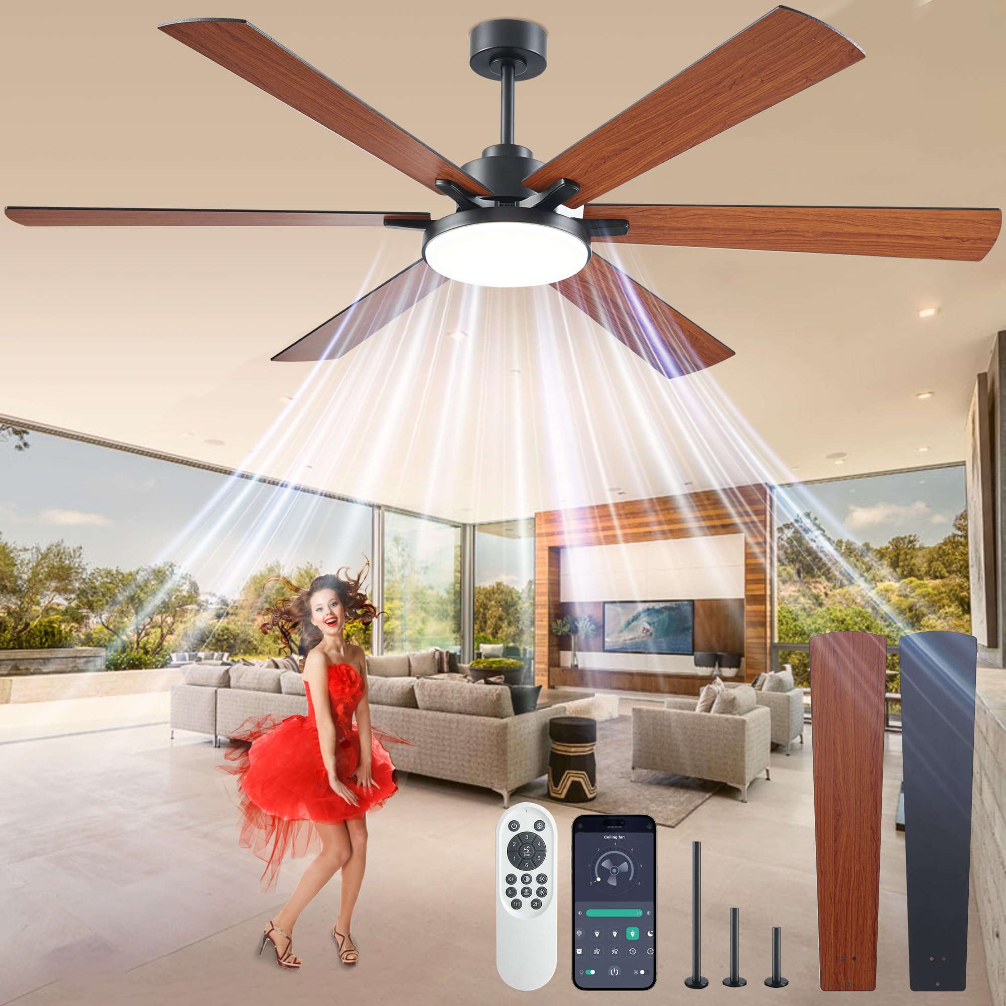 72 inch Ceiling Fans with Lights and Remote Control,Indoor/Outdoor Flush Mount Low Profile Commercial Reversible Dimmable Wood G