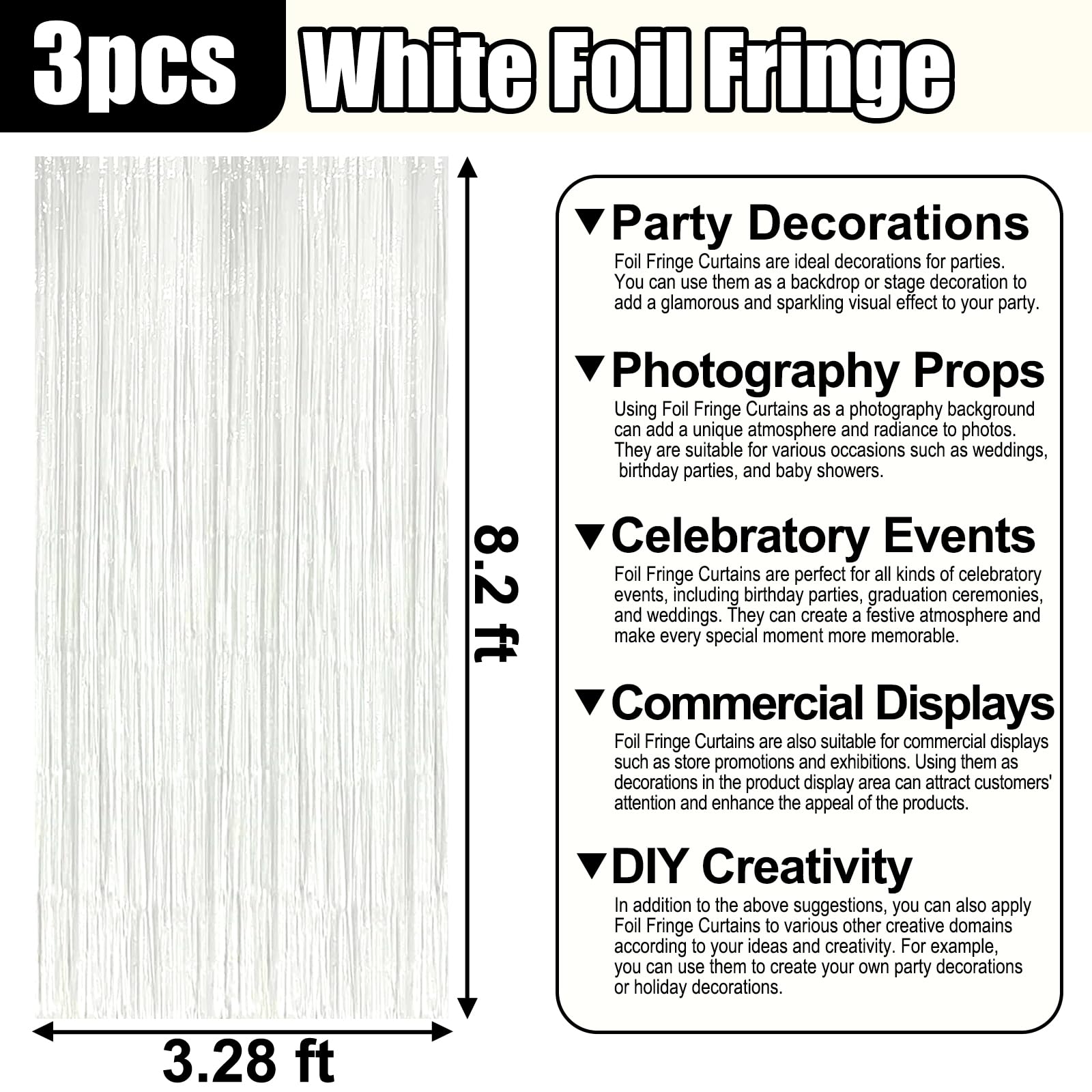 3 Pack White Foil Fringe Curtain Backdrop, 3.28Ft X 8.2Ft Metallic Tinsel Foil Fringe Streamer Curtains For Photo Booth, Valenti