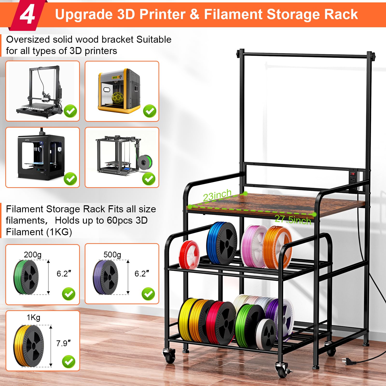 3D Printer Stand With Filament Storage, Heavy Duty 3D Printer Table, Spool Holder Cart With Locking Wheels, Adjustable Height Fi