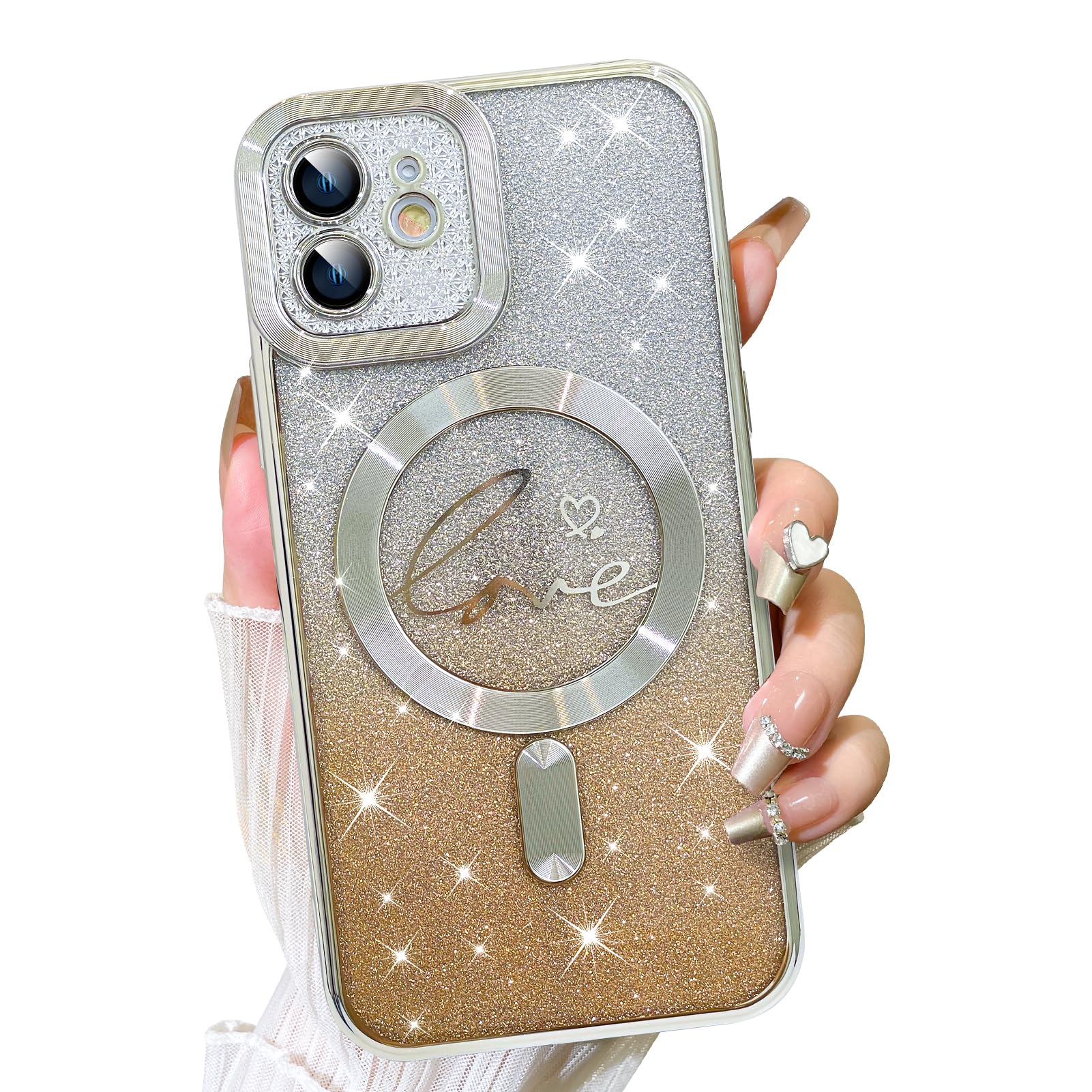 Fiyart Designed For Iphone 12 Case,Compatible With Magsafe Love Heart Plating Camera Protection Clear Phone Case, Magnetic Glitt