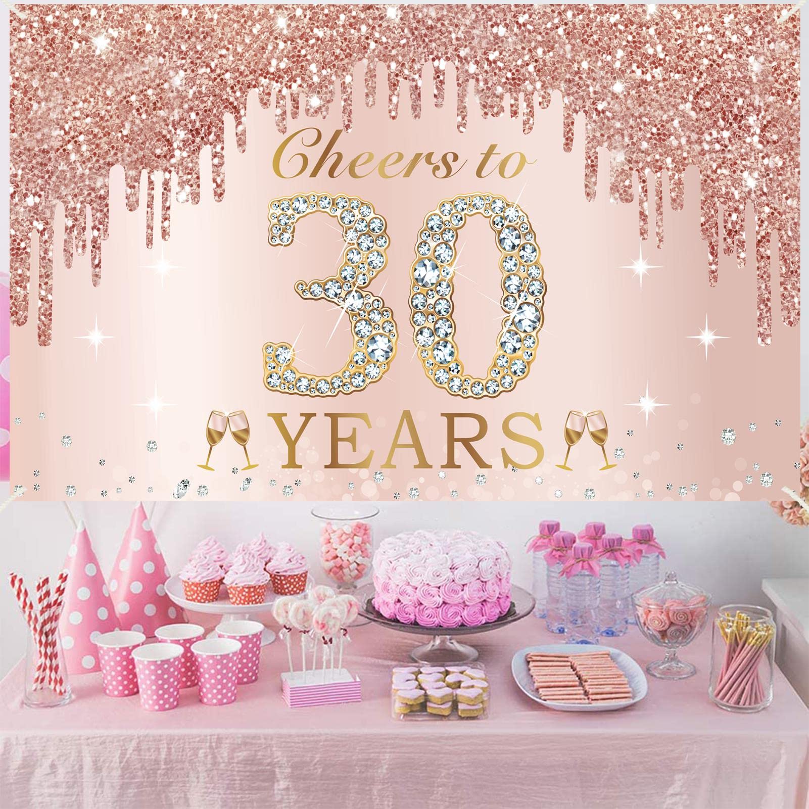 30Th Birthday Decorations Cheers To 30 Years Banner, Pink Rose Gold Happy Birthday Backdrop Sign Party Supplies For Women Her, T