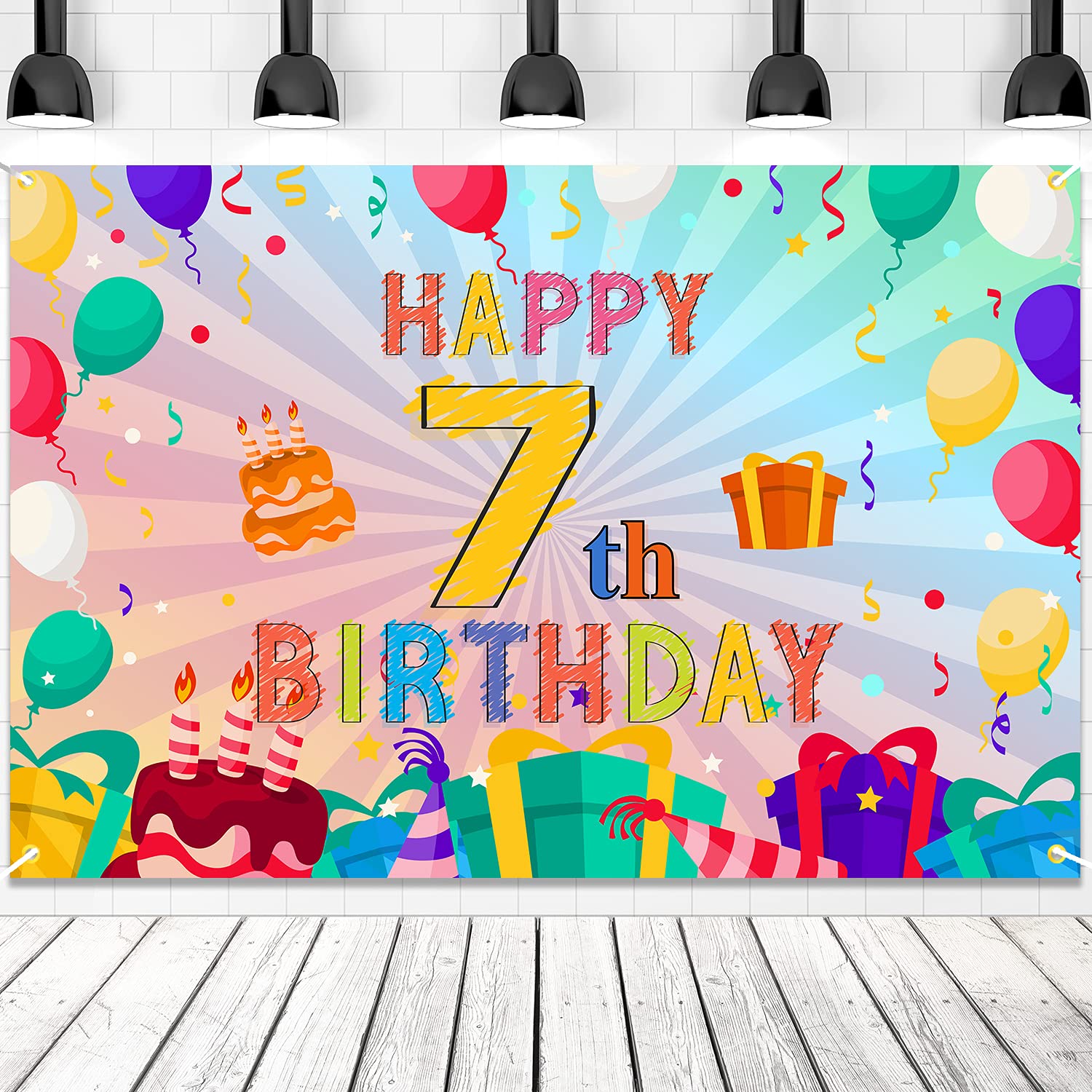 Happy 7th Birthday Colorful Banner Backdrop Rainbow Color Art 7 Years Old Party Background Decorations for Girls Boys Kids Bday 