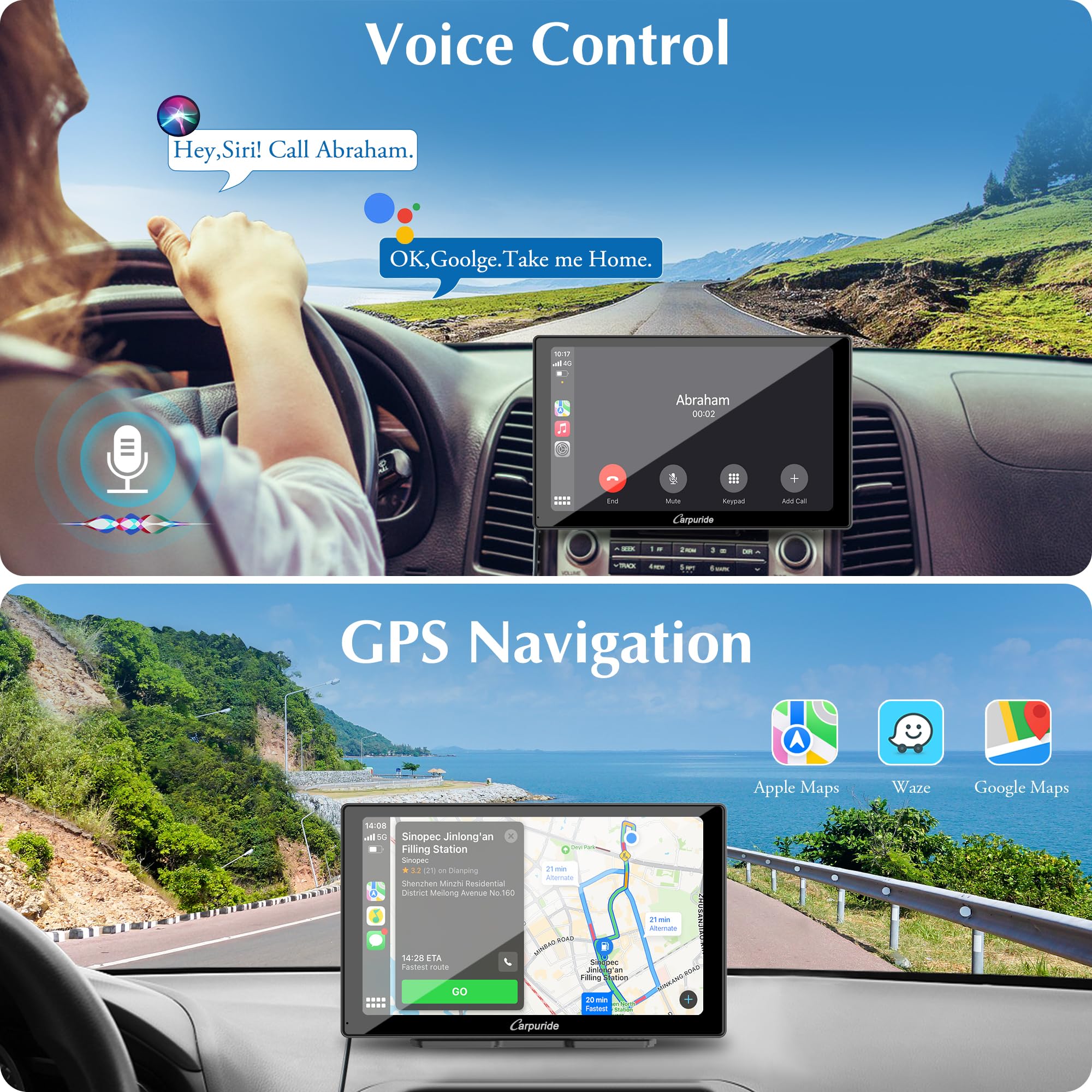 Carpuride W905 Wireless Carplay & Android Auto, Portable 9'' Touch Car Screen, 4K Dash Cam,Drive Play Car Play Navigation With Mirror Link/Siri/Fm/Bluetooth/Light Sensor