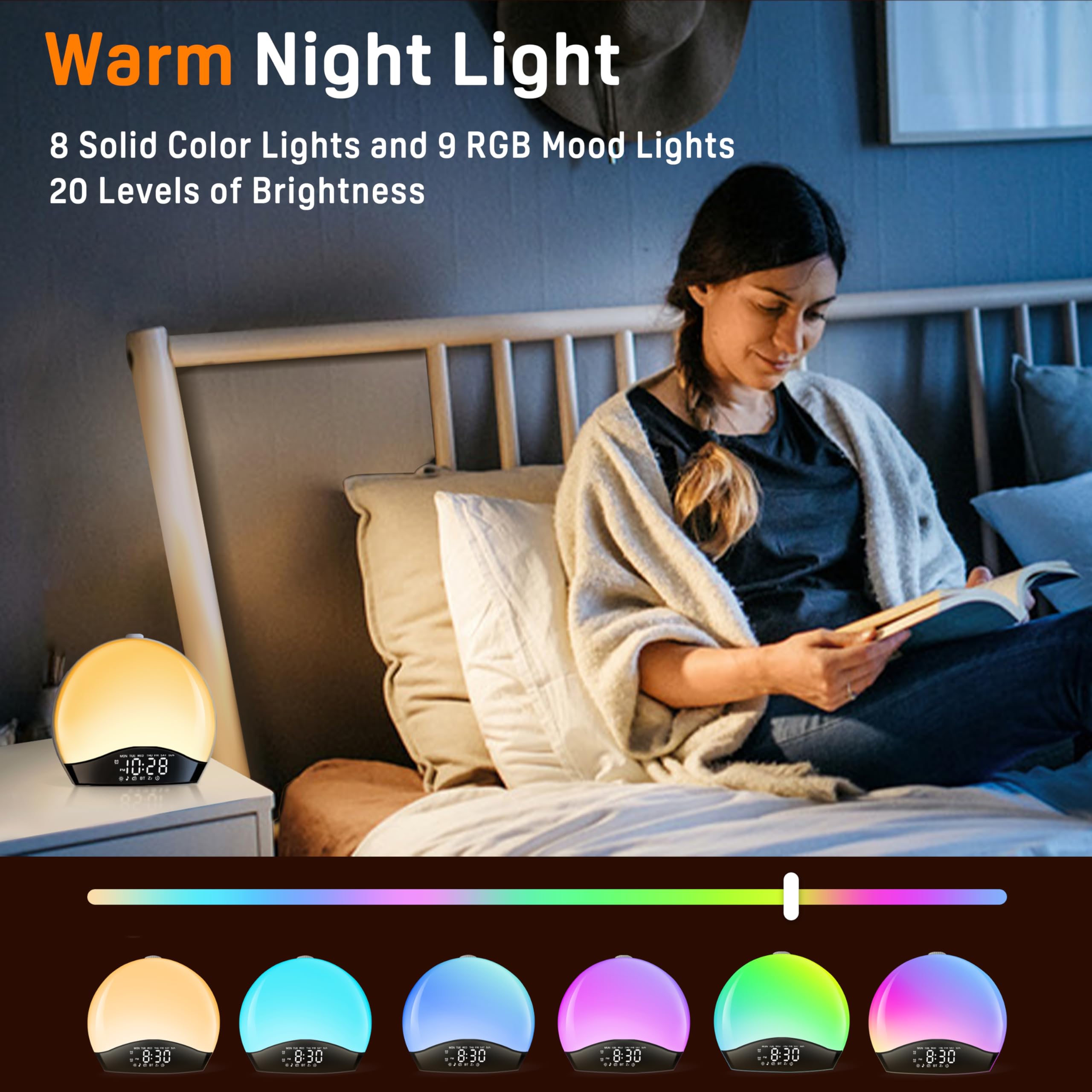 Wake Up Light Sunrise Alarm Clock For Kids, Heavy Sleepers, Bedroom, Bluetooth Speaker Sound Machine With 22 Natural Sounds, Whi