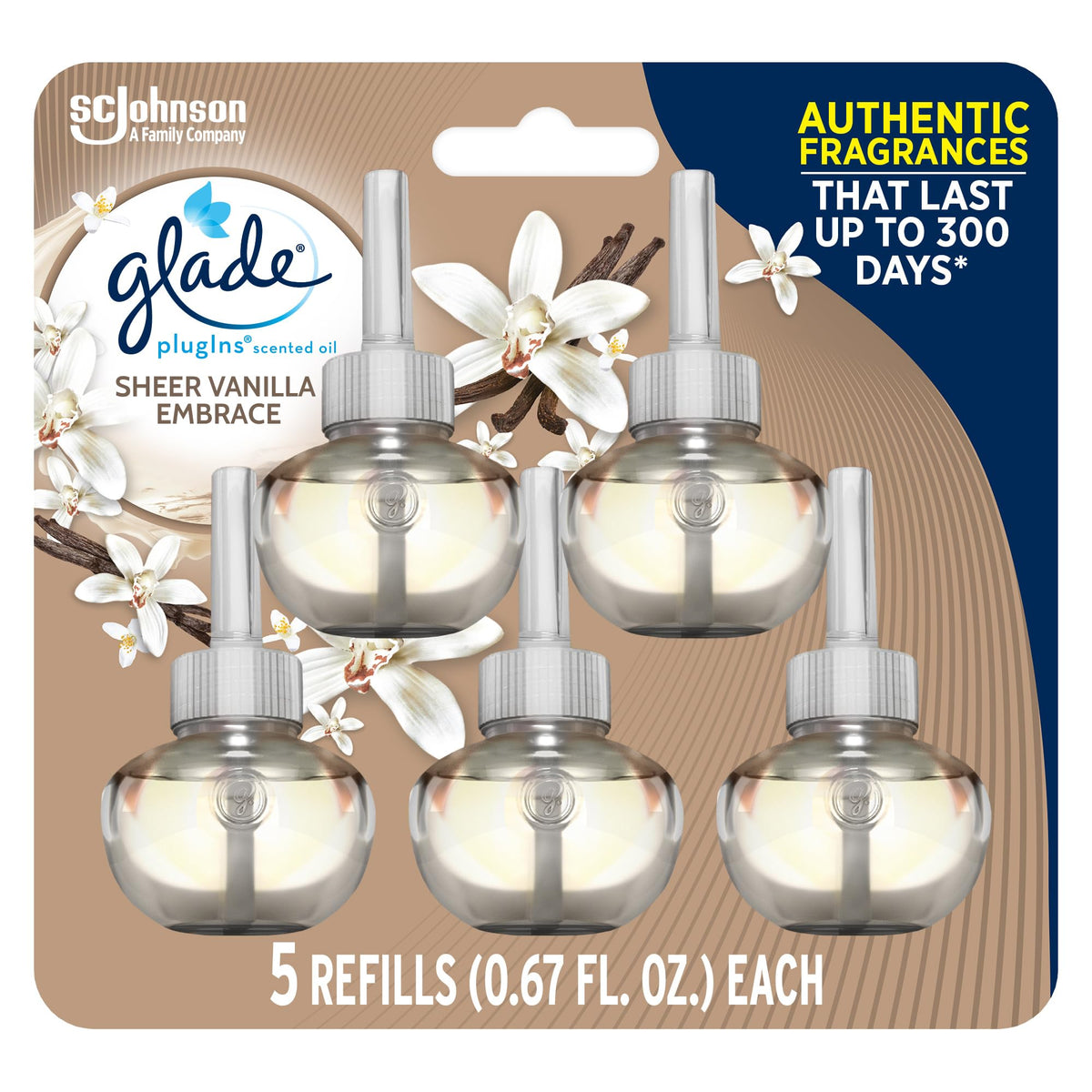 Glade Plugins Refills Air Freshener, Scented And Essential Oils For Home And Bathroom, Sheer Vanilla Embrace, 3.35 Fl Oz, 5 Coun