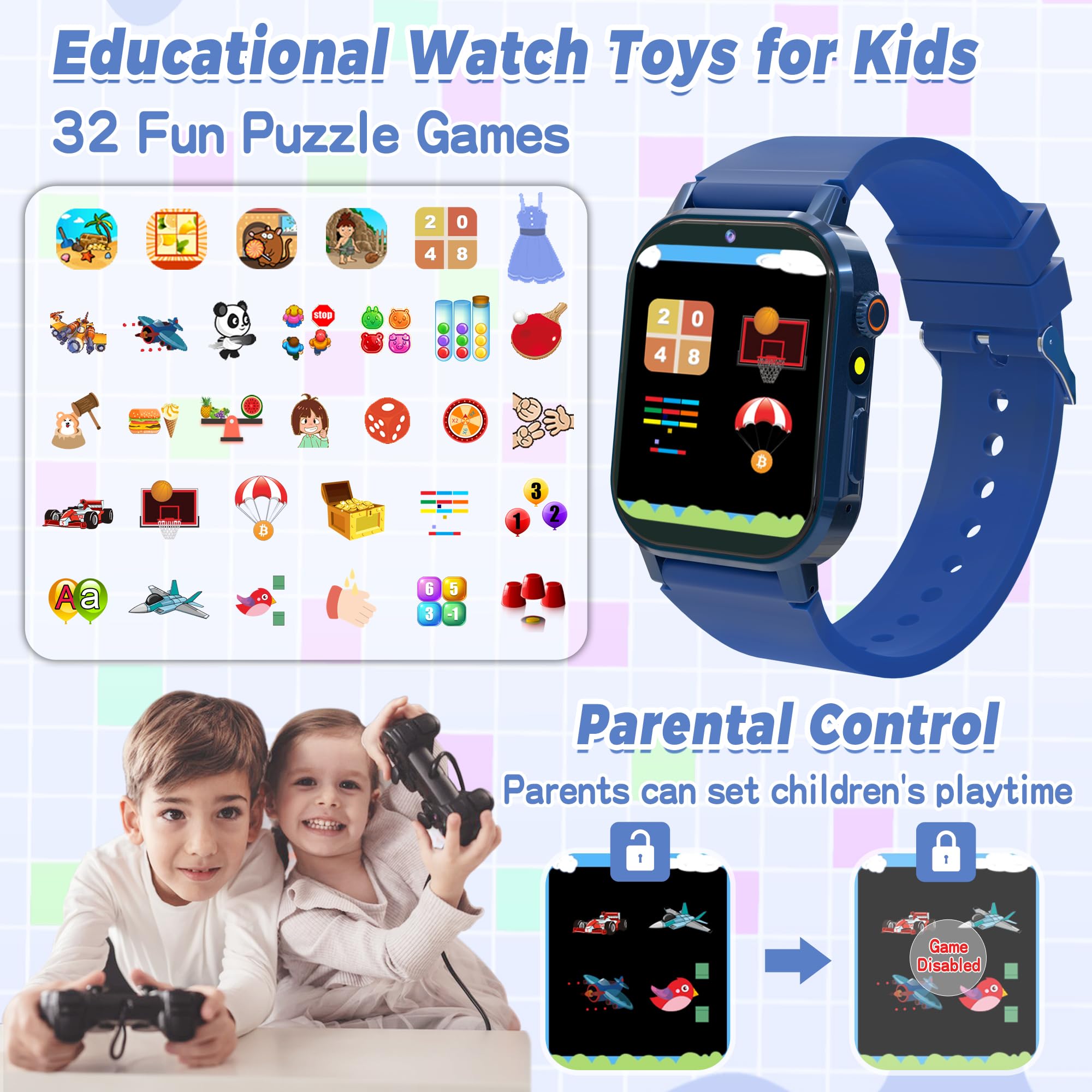 Phyulls Smart Watch For Kids With 32 Games, Hd Touch Screen Kids Smart Watch Boys With Video Camera Music Alarm Pedometer Audiob