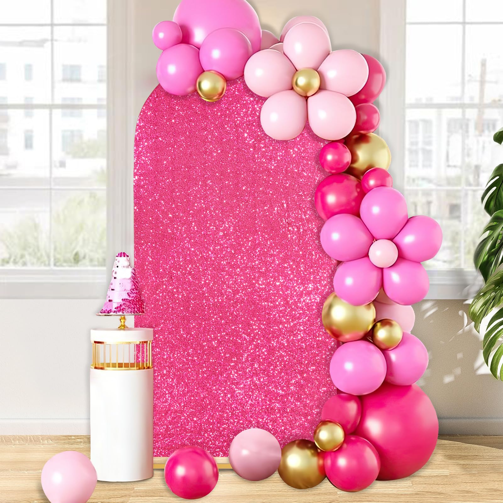 6Ft Arch Backdrop Cover Glitter Fabric Backdrop Covers Fuchsia Sequin Arch Covers For Party Wedding Photography Decor