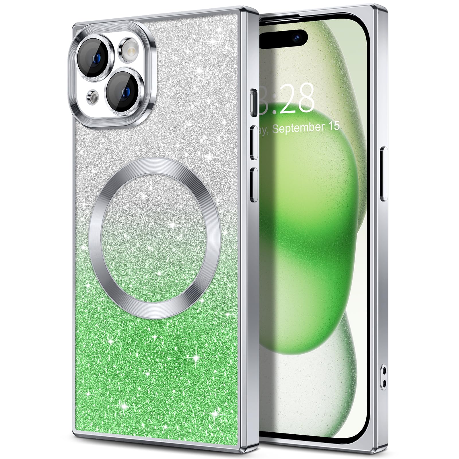 Hython For Iphone 15 Case Clear Magnetic Glitter Phone Cases [Compatible With Magsafe] Full Camera Lens Protector Gradient Spark