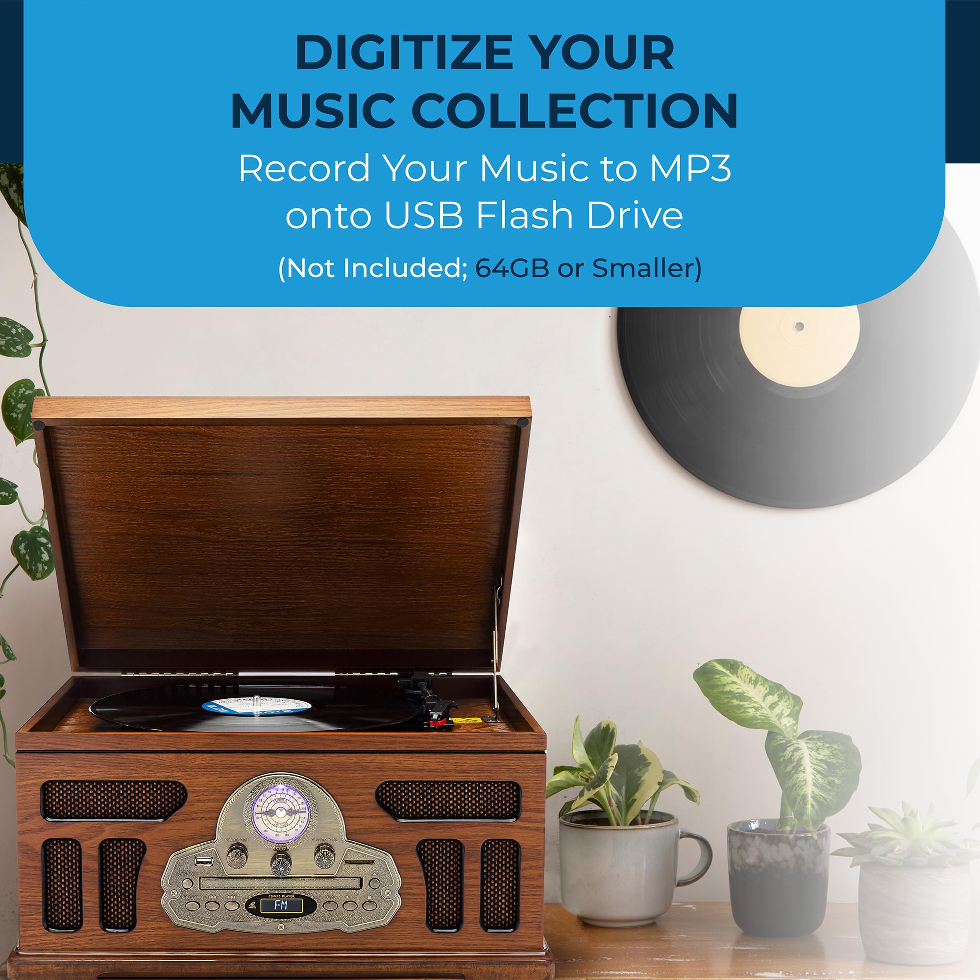 Soundbeast All In One Turntable With 3 Speed Record Player, Bluetooth, Cd, Cassette Tape, Am/Fm Radio, Usb, Built In Speakers, H