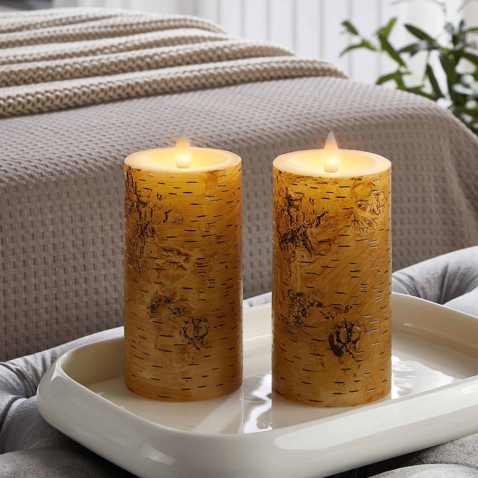 Cozierglow Birch Bark Wax Flameless Candles With Remote Timer, Last 400 Hour With 2Aa Batteries, 3D Moving Flame Led Candles, Se