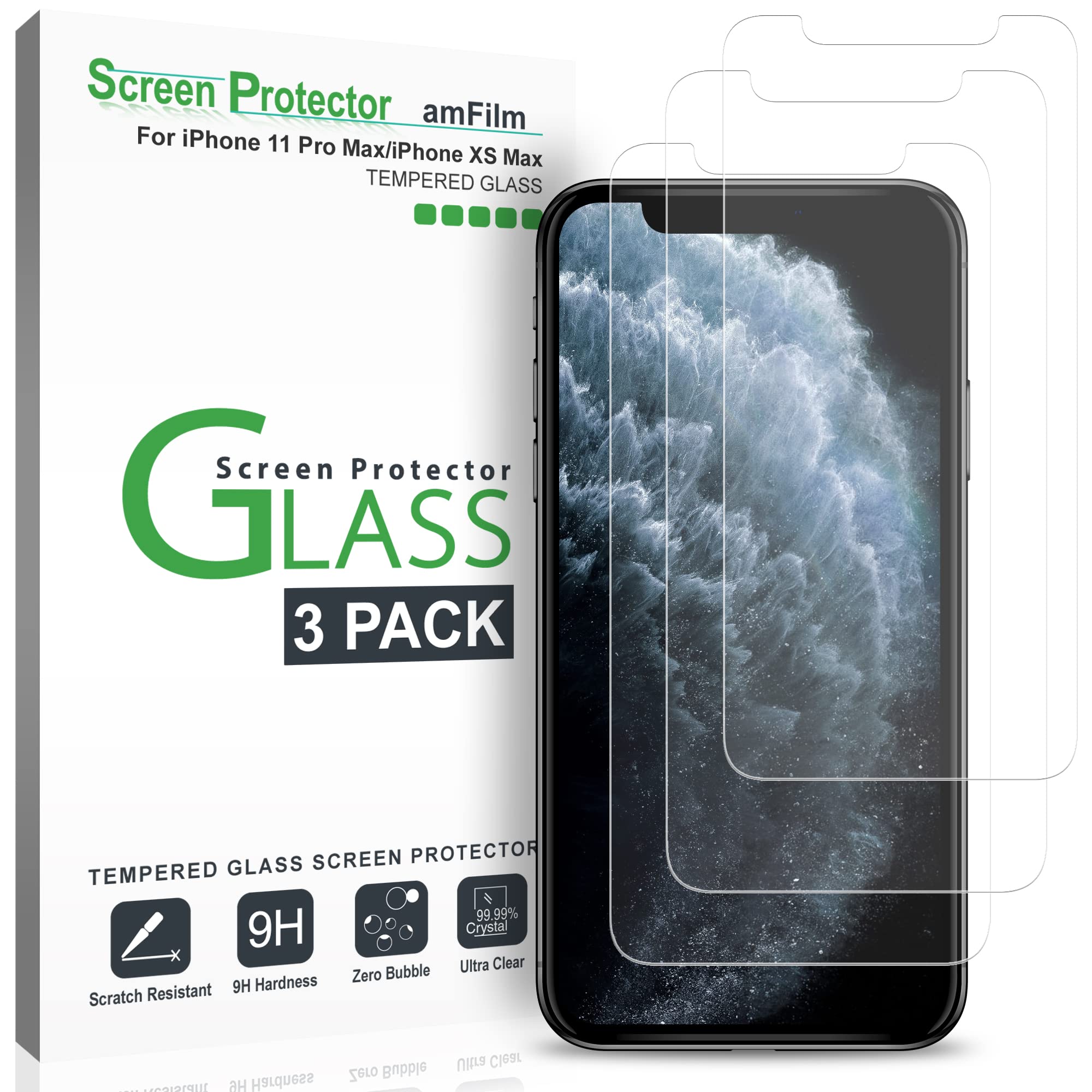 Amfilm (3 Pack) Glass Screen Protector For Iphone 11 Pro Max/Iphone Xs Max (6.5'' Display) With Easy Installation Tray