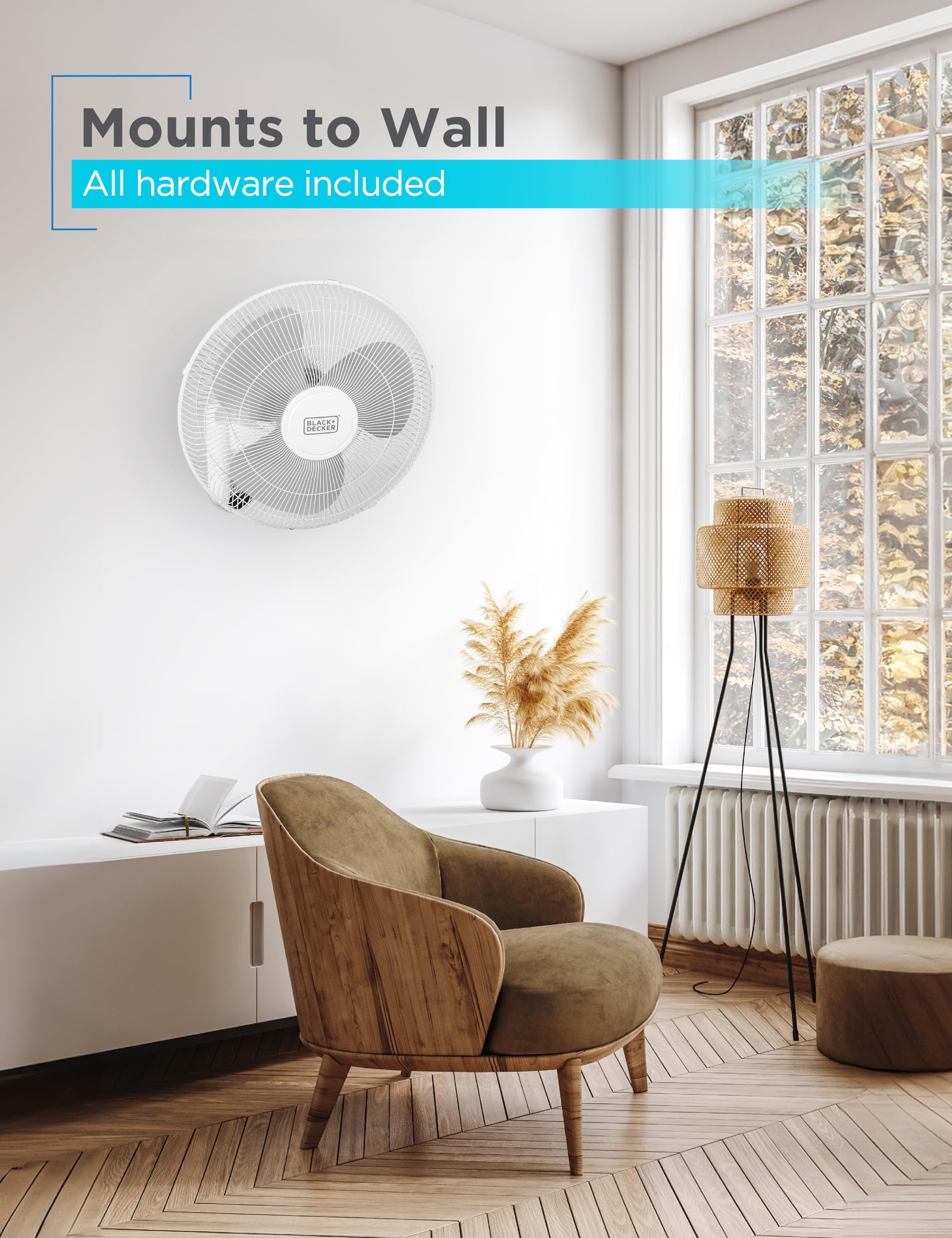 Black+Decker 16'' Wall Fan With Remote Control, Oscillating Fan With 3 Speed Settings And Shut Off Fan Timer, Wall Mount Fan Wit