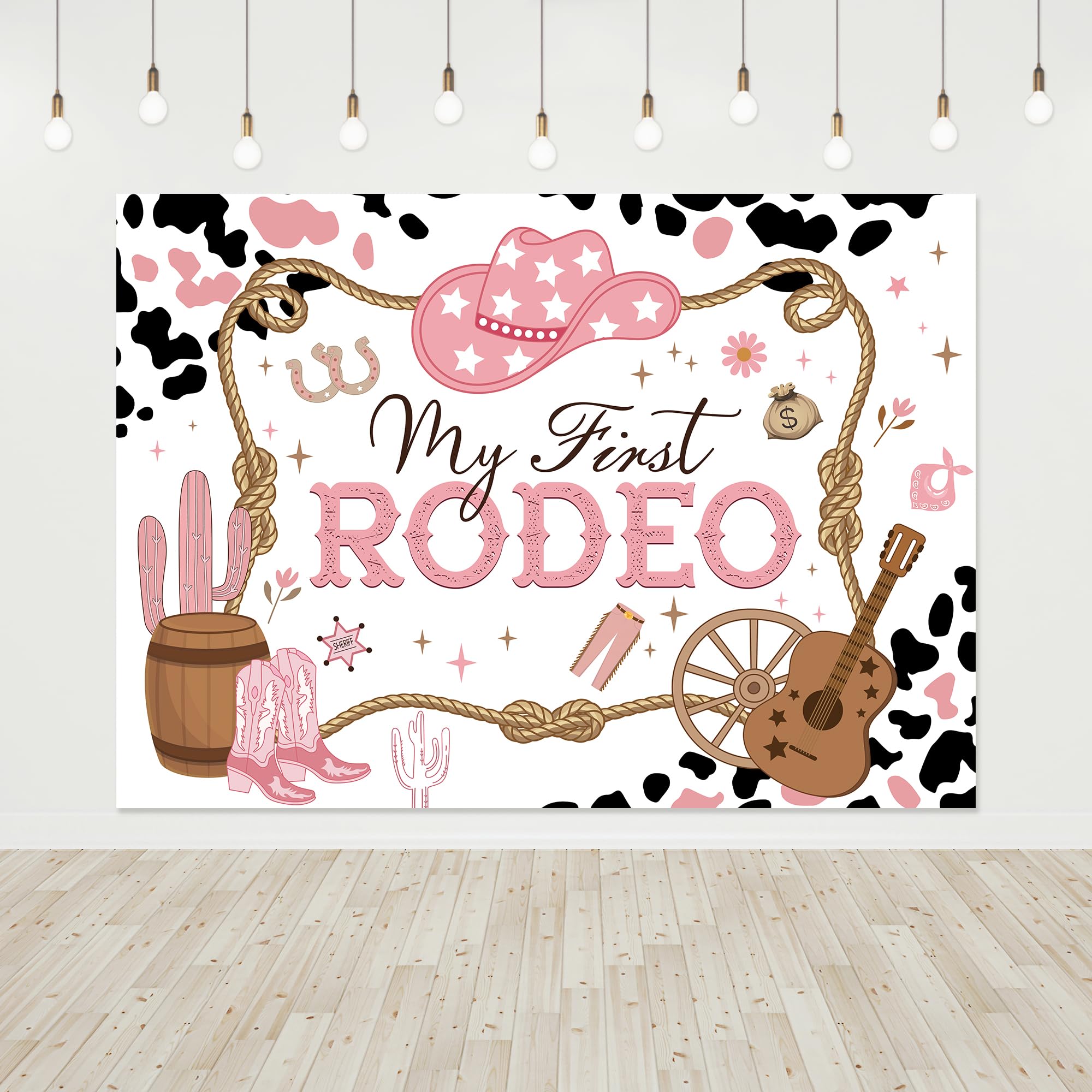 Riyidecor Cowgirl First Rodeo Birthday Backdrop, Western First Birthday Backdrop Banner, Cow Print Pink Wild West Cactus 7X5 Fee