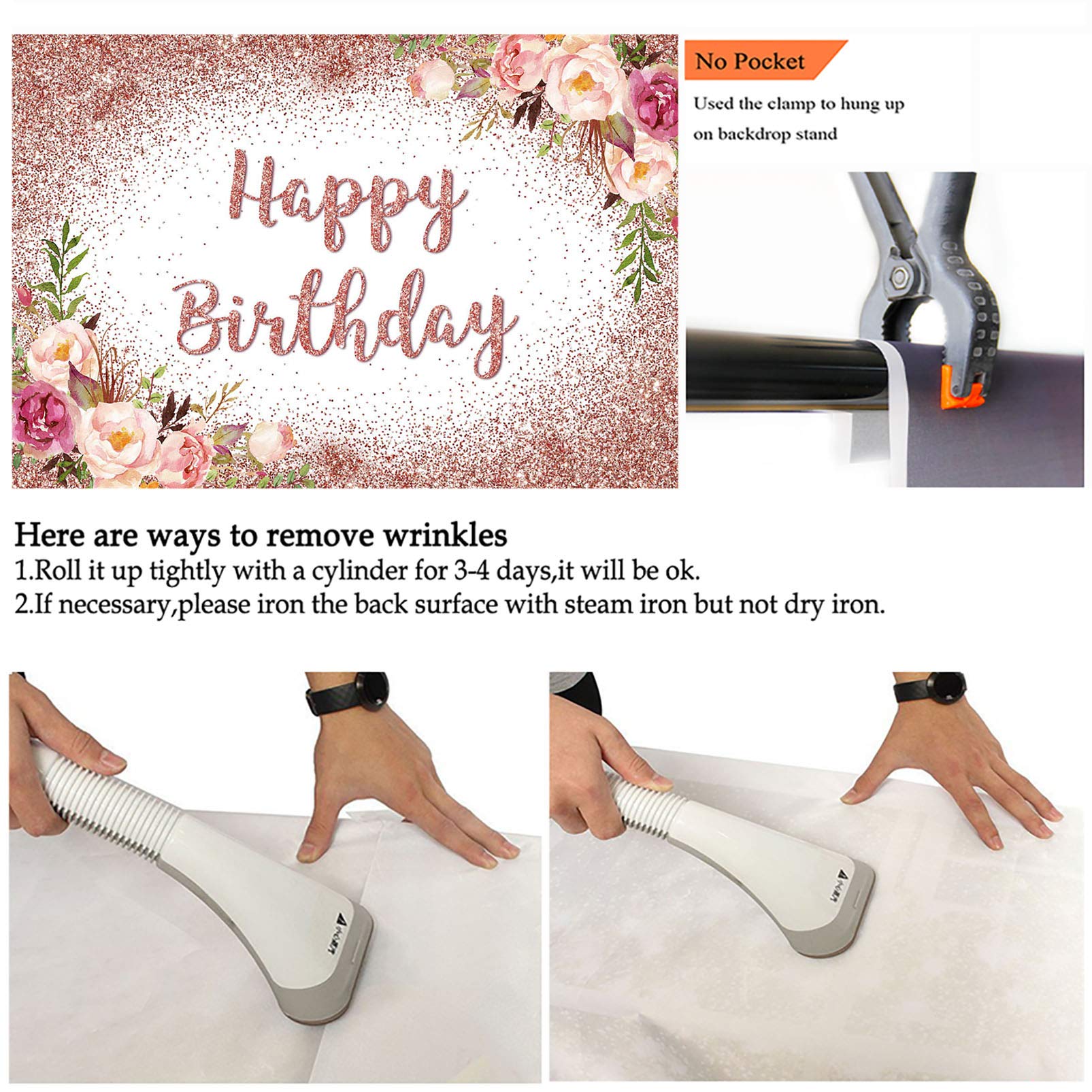 Avezano Rose Gold Birthday Backdrop For Girls Women Happy Birthday Party Photography Background Blush Pink Floral Rose Gold Glit