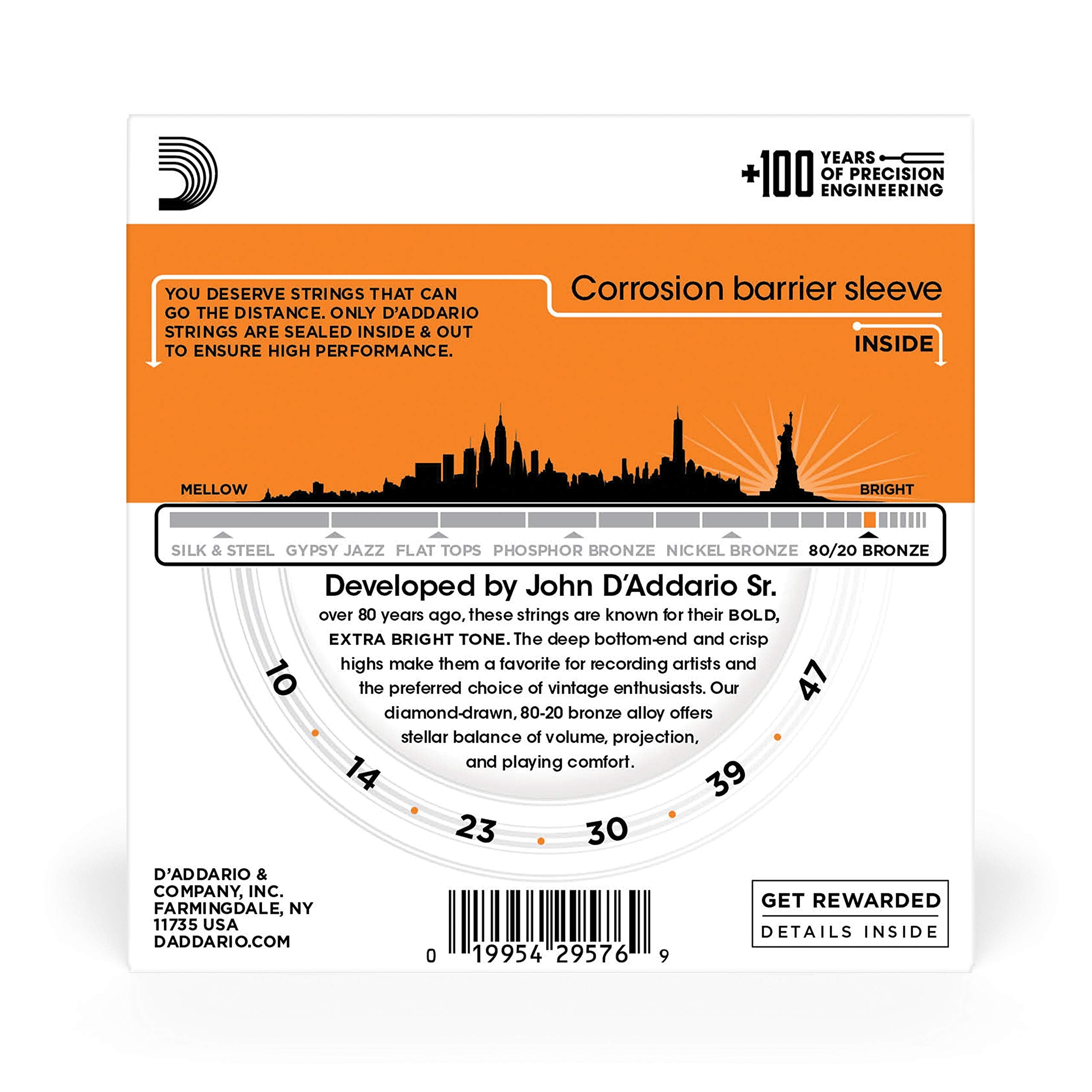 D'Addario Guitar Strings   Acoustic Guitar Strings   80/20 Bronze   For 6 String Guitar   Deep, Bright, Projecting Tone   Ej10 3