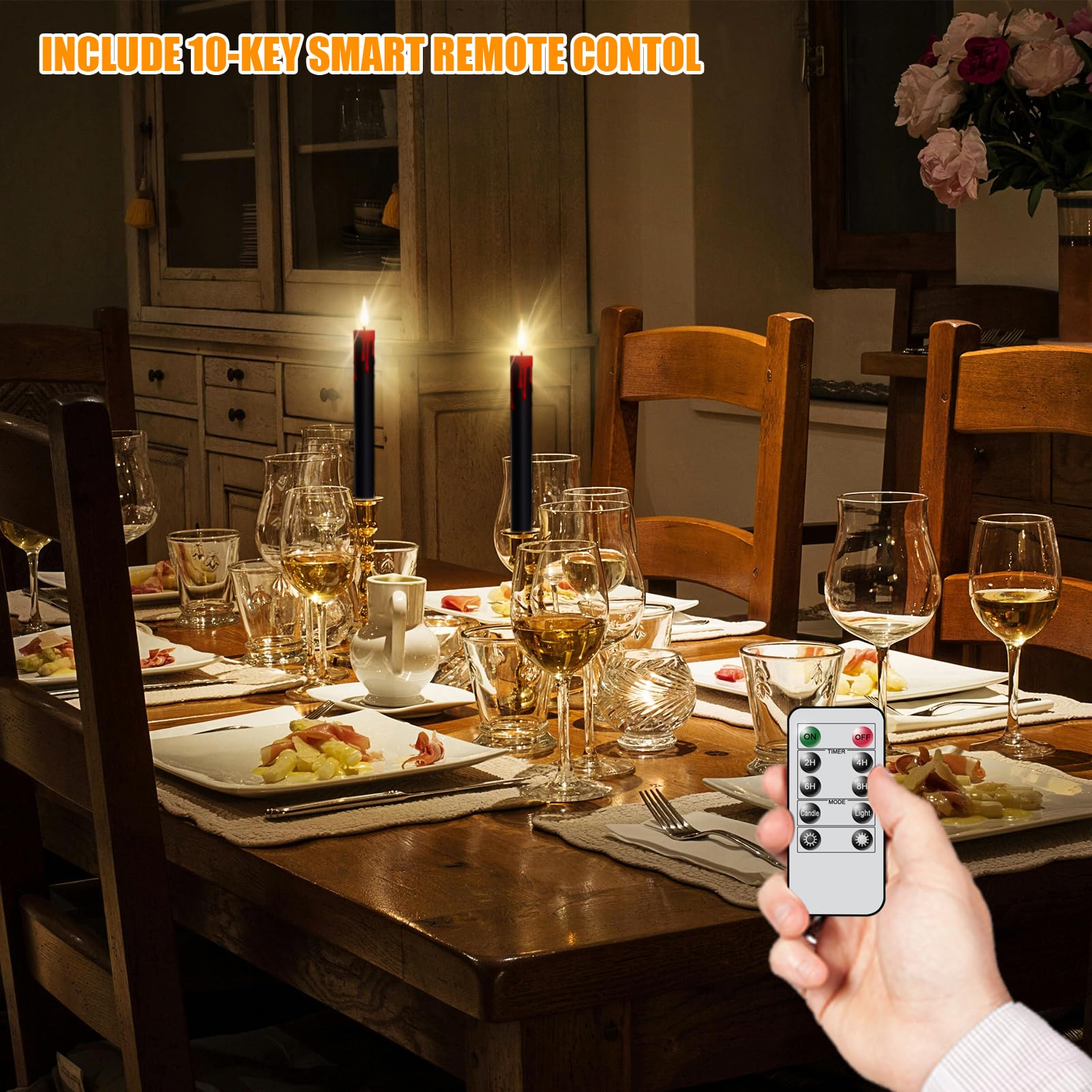 Genswin Halloween Black Taper Flameless Candles Battery Operated With Remote Timer, 4 Pcs Drip Wax Flameless Led Candle Sticks W