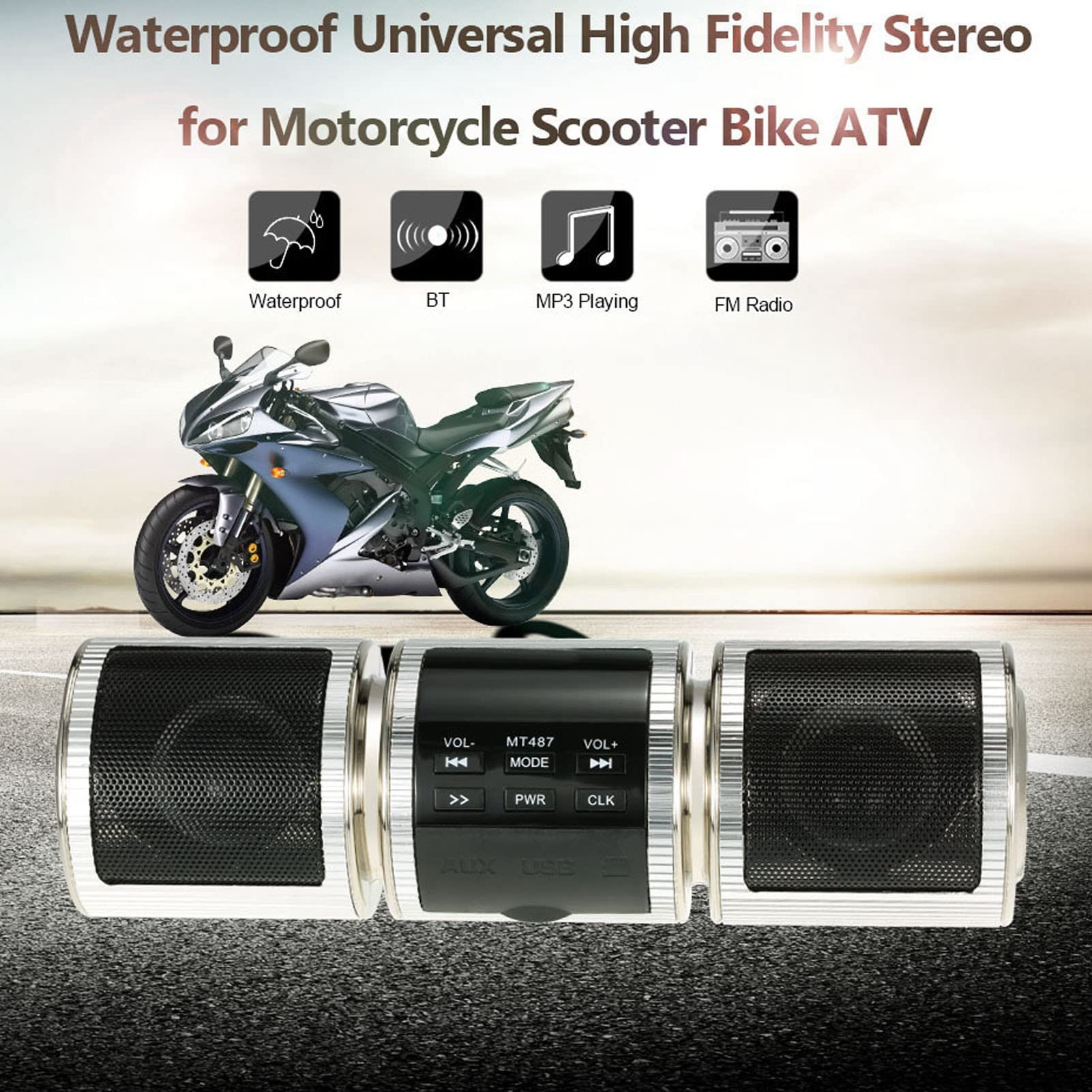 Bluetooth Motorcycle Stereo Speaker, 7/8-1.25In Handlebar Mount Mp3 Music Player Audio Amplifier System, Motorcycle Speaker Soun