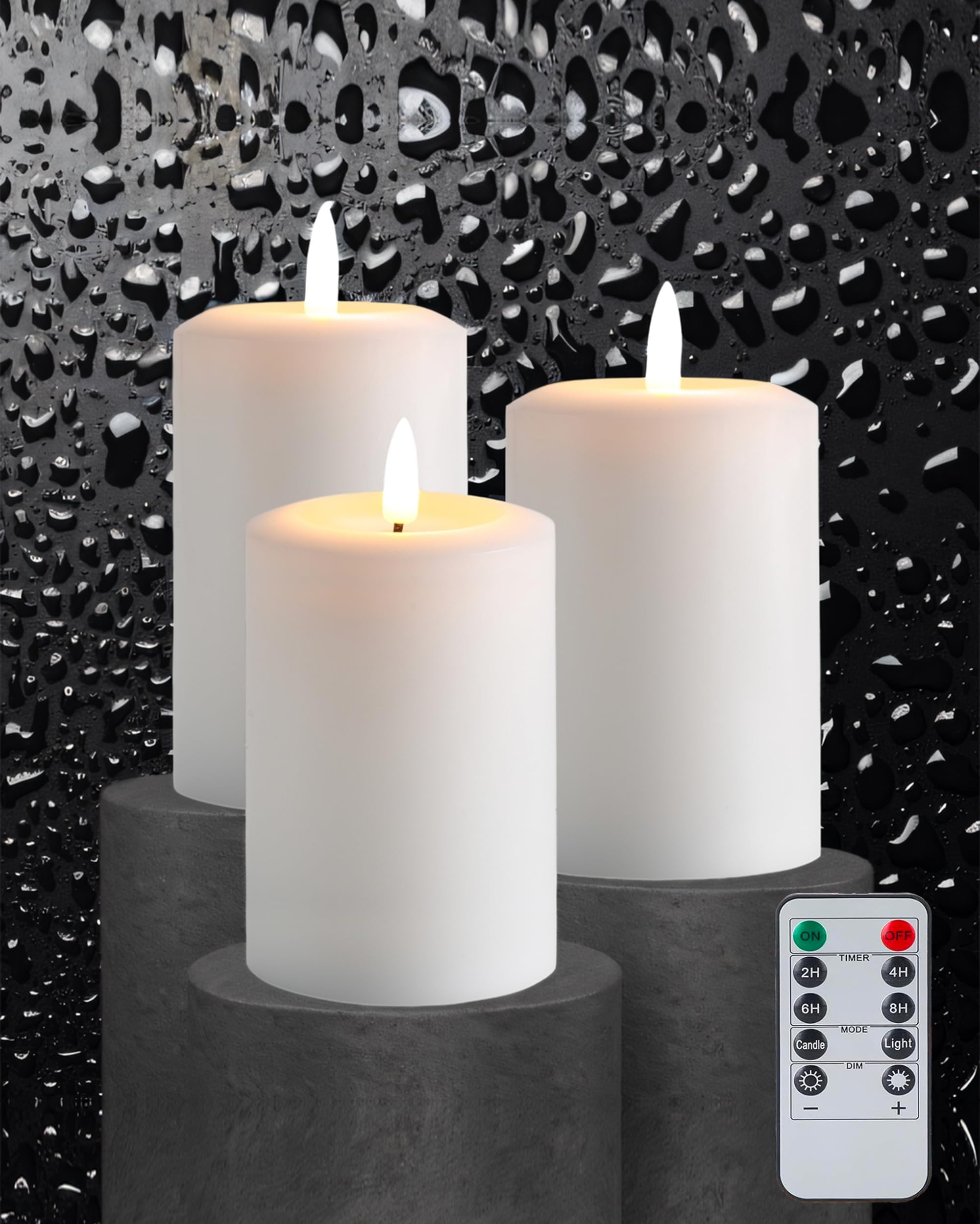 Gmnee 3''X5'' Flickering Flameless Candles With Remote Timer, 3'' Diameter White Pillar, Real Wax, Set Of 3 Large Led Battery Op