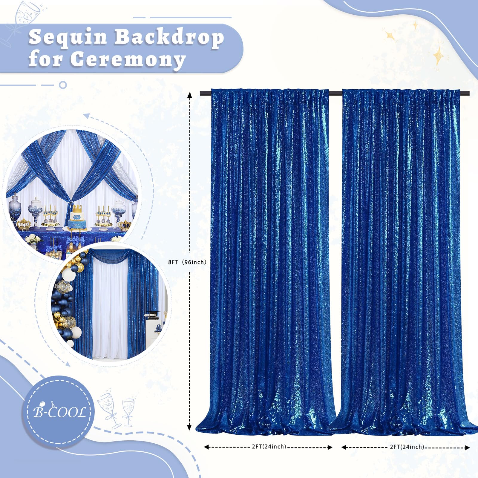 B Cool Royal Blue Sequin Backdrop Curtains 2 Packs 2Ftx8Ft Sparkly Backdrop Fabric Glitter Backdrop For Party Ceremony Wedding B