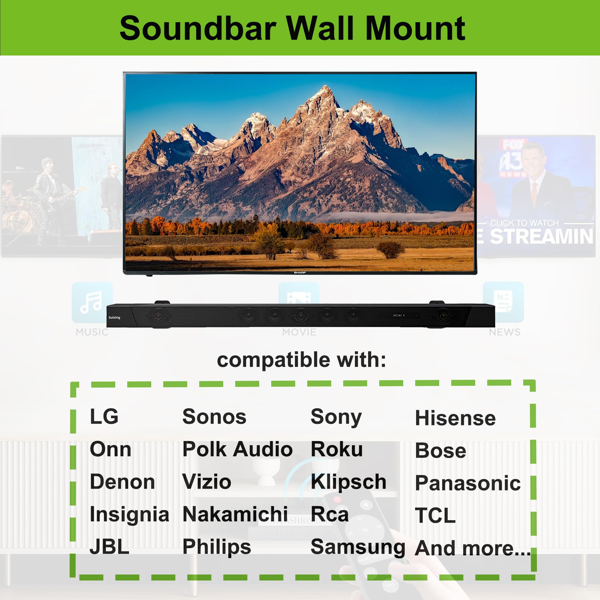 Suixing Adjustable Soundbar Mount, Universal Sound Bar Wall Brackets Works With Most Sound Bar Mounts, Length Adjustable 3.4'' 5