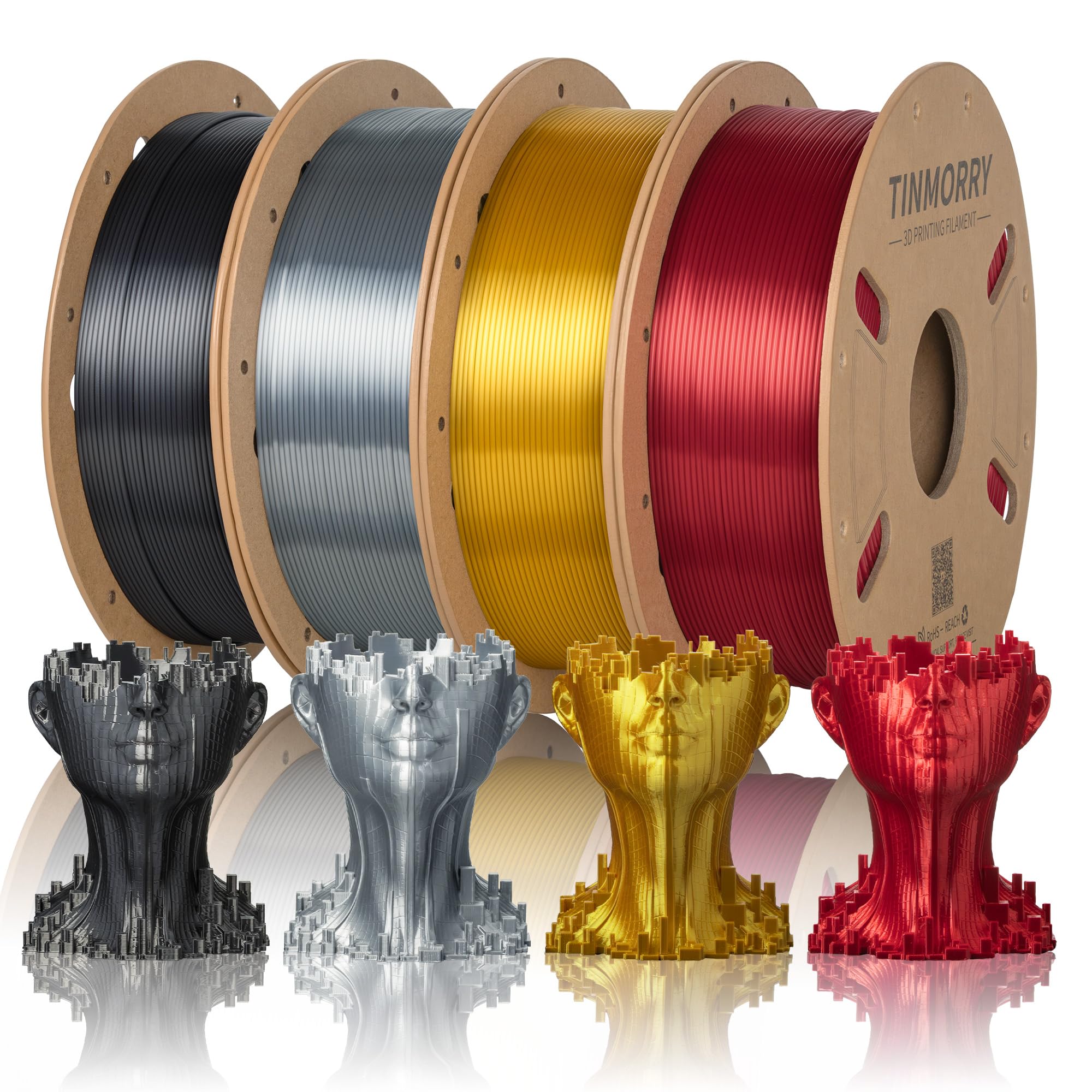 TINMORRY Silk PLA Filament Bundle, 3D Printer Filament 1.75 mm Multicolor Pack, Red & Gold & Silver & Iron Black, 750g x 4 Spool