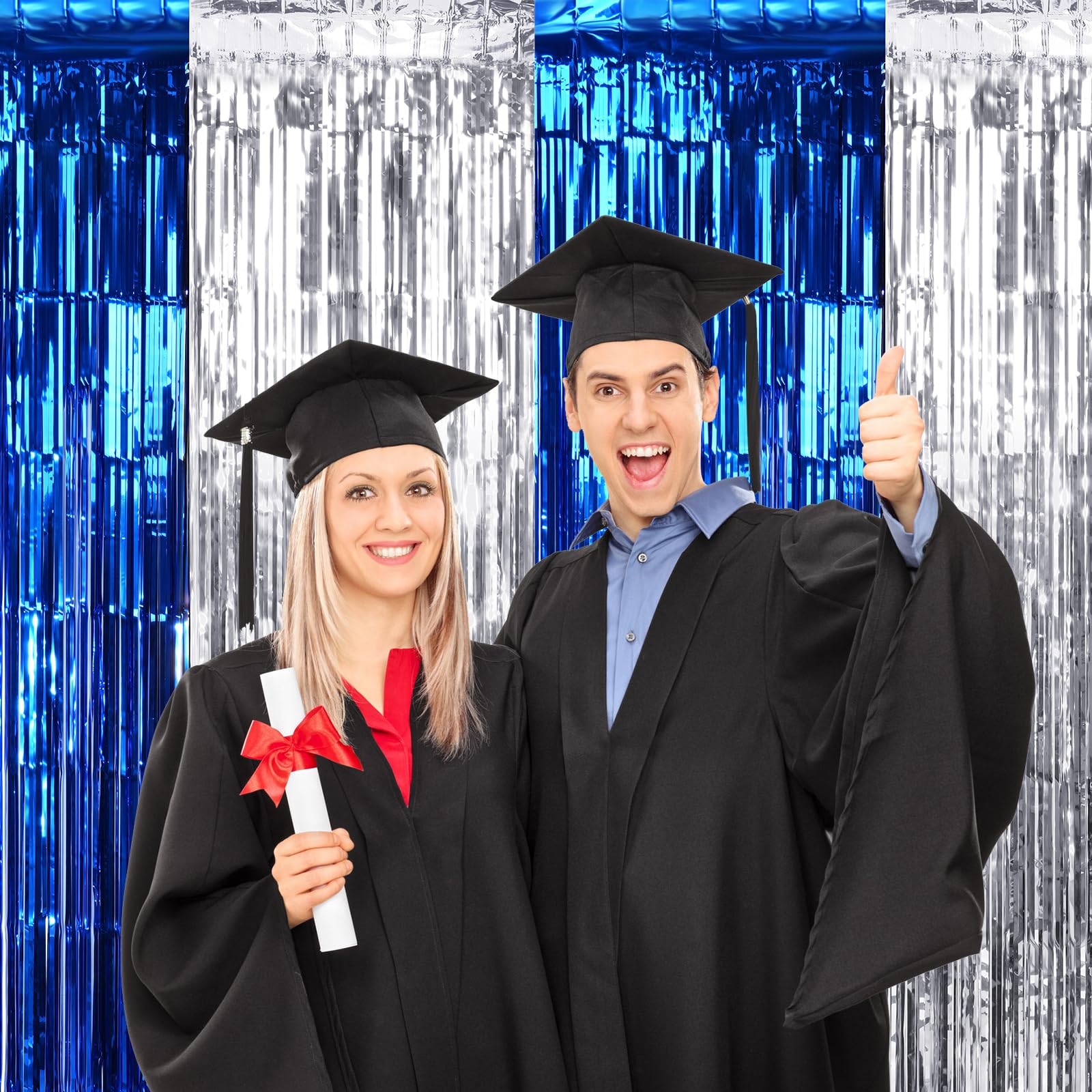 6Pack 3.3Ft X 6.6Ft Graduation Foil Fringe Curtain Backdrop Decorations, Blue Silver Metallic Tinsel Foil Streamers Curtain Phot